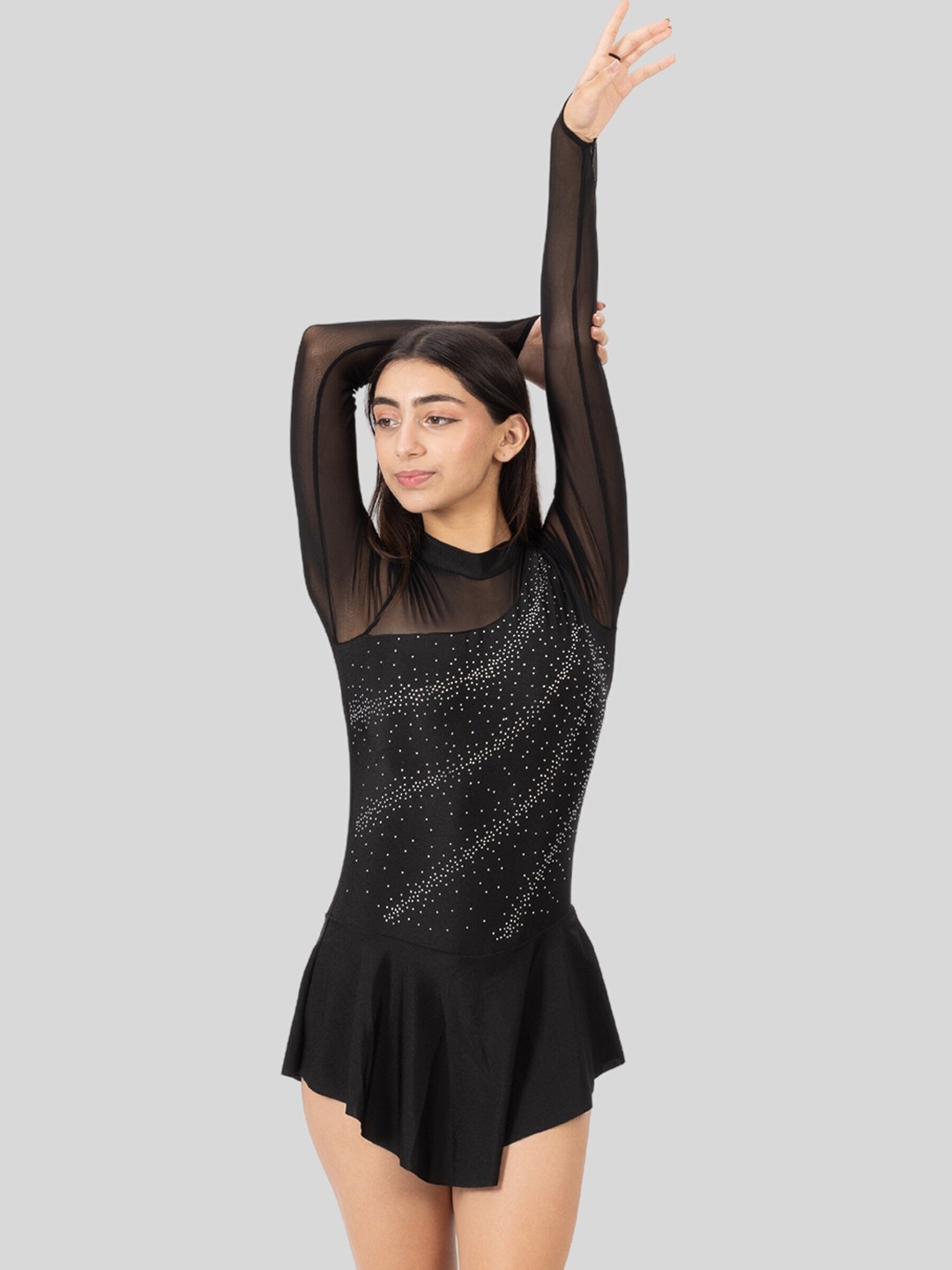 

IKAANYA Embellished High Neck Fit and flare Leotard Dress, Black