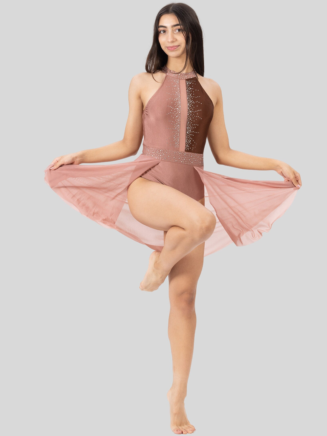 

IKAANYA Colourblocked Halter Neck Open Skirted Leotard Dance Dress, Coffee brown