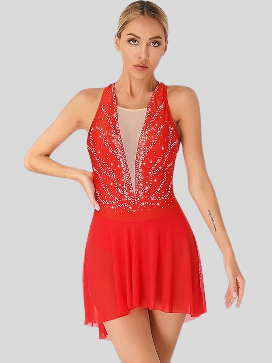 

IKAANYA Embellished Halter-Neck Leotard Dress, Red