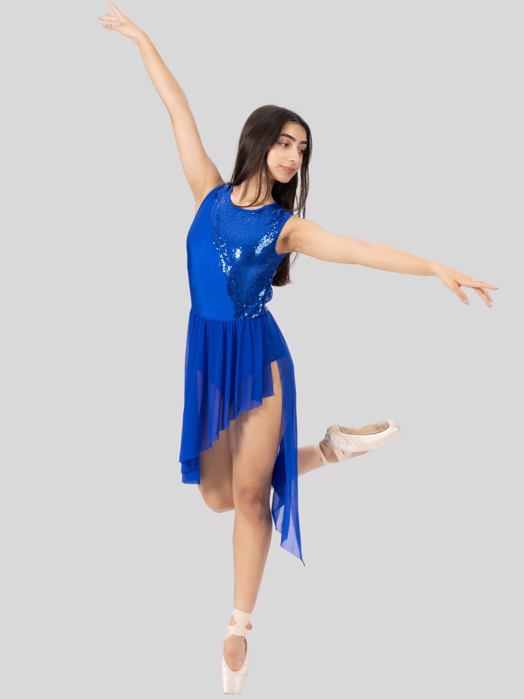 

IKAANYA Embellished Sequinned High Low Side Slit Leotard Dance Dress, Blue