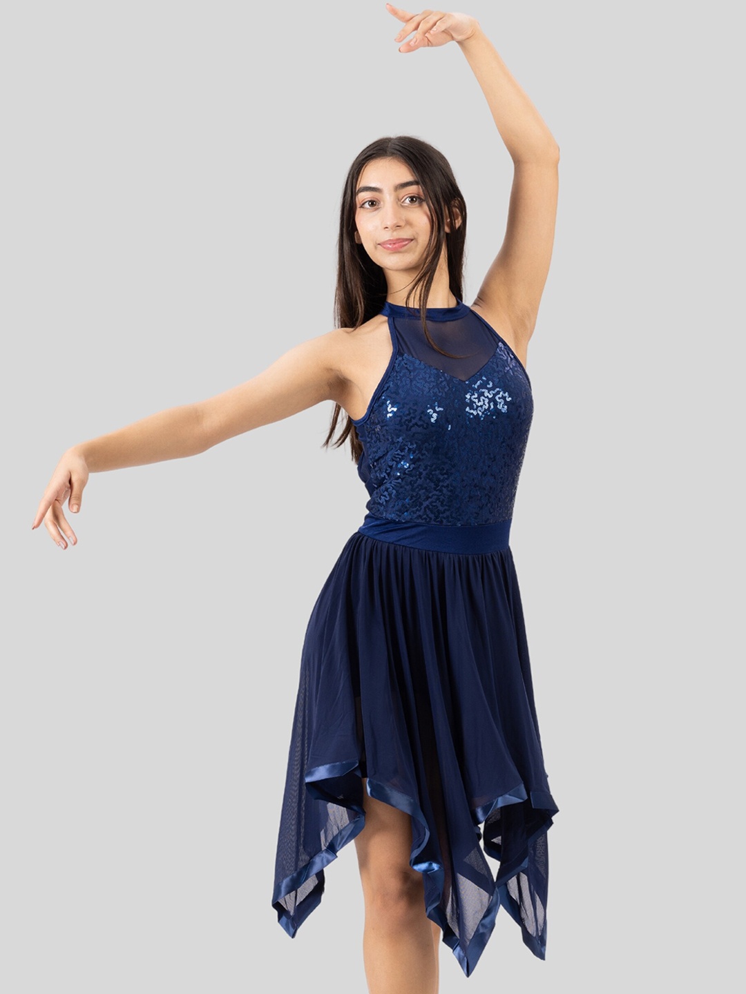 

IKAANYA Embellished Sequinned Halter Neck A-Line Unitard Dress, Navy blue