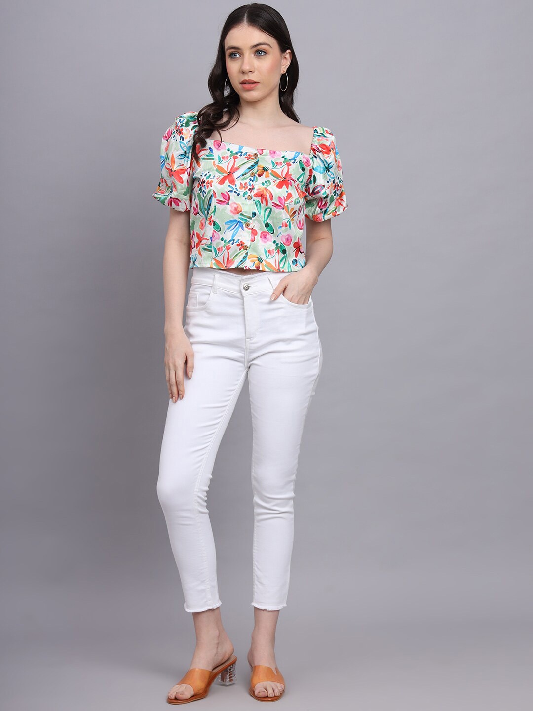 

Kiwie Floral Print Puff Sleeve Satin Top, Multi