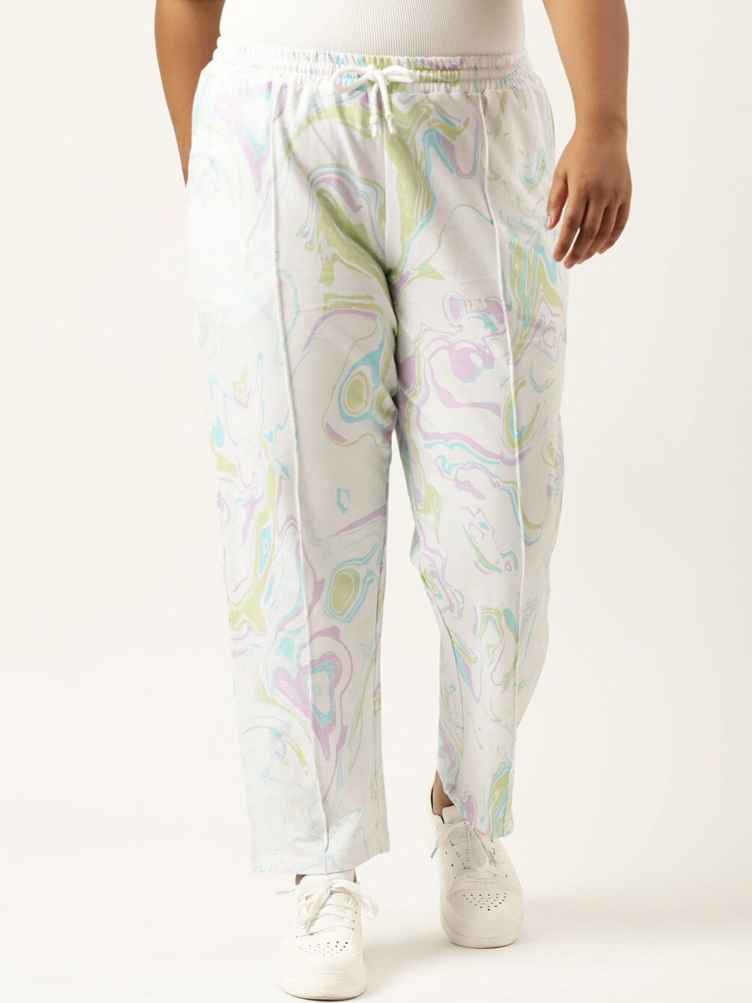 

MARCA Bold Women Plus Size Abstract Printed Cotton Straight Fit Joggers, White