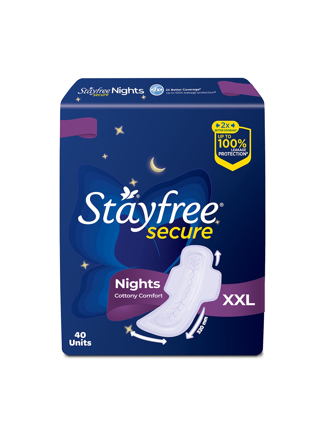 

Stayfree Secure Nights Sanitary Napkins with Back Leak Guards - 40 Pads, Navy blue