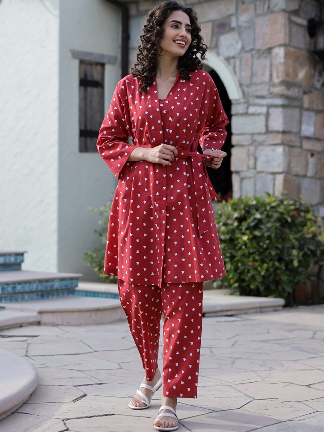 

SANSKRUTIHOMES Printed Pure Cotton Shrug With Trouser, Red
