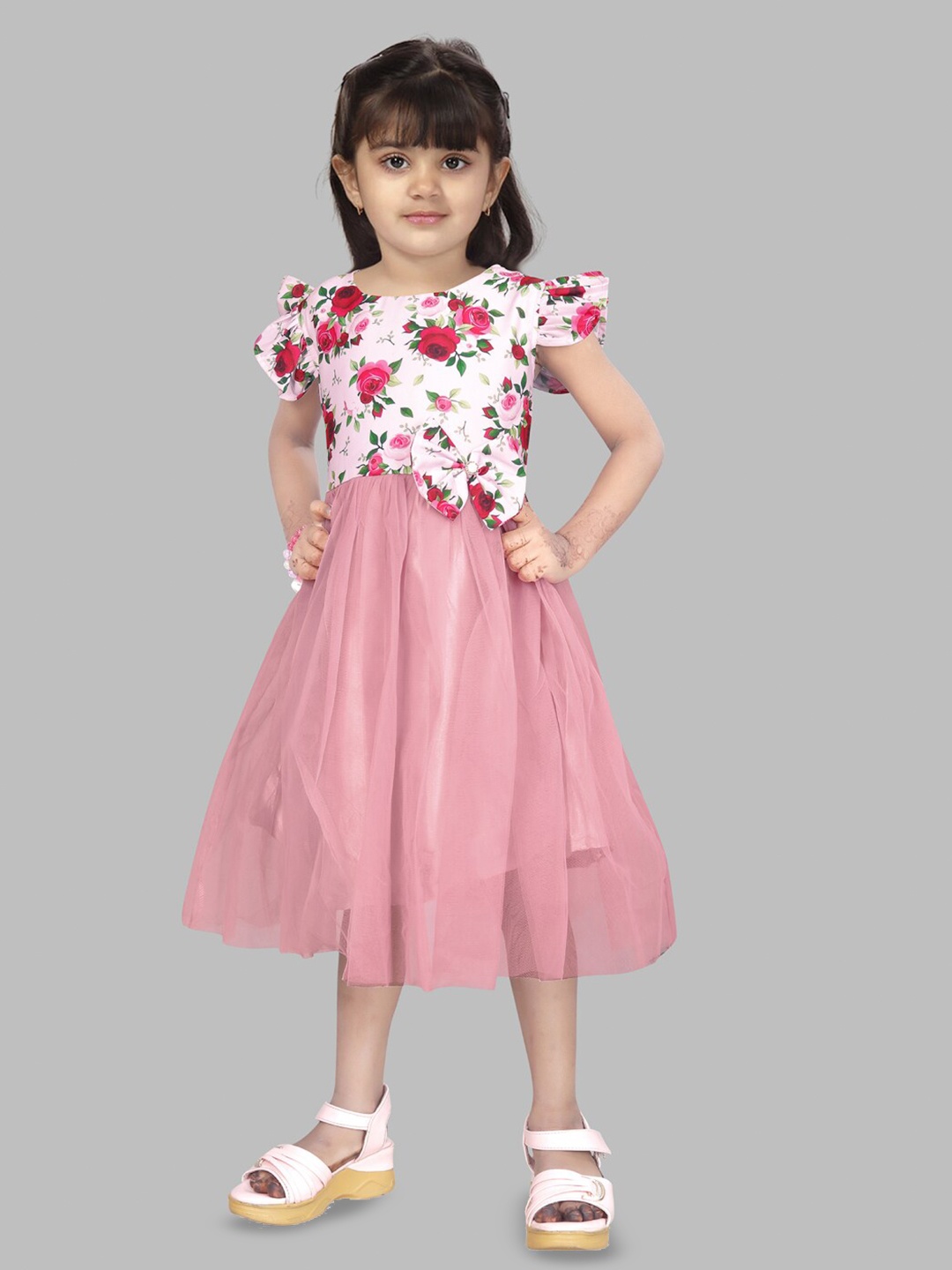 

BAESD Girls Flutter Sleeve Net Fit & Flare Floral Midi Dress, Pink