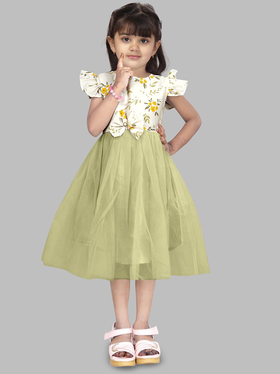

BAESD Girls Flutter Sleeve Net Fit & Flare Floral Midi Dress, Olive