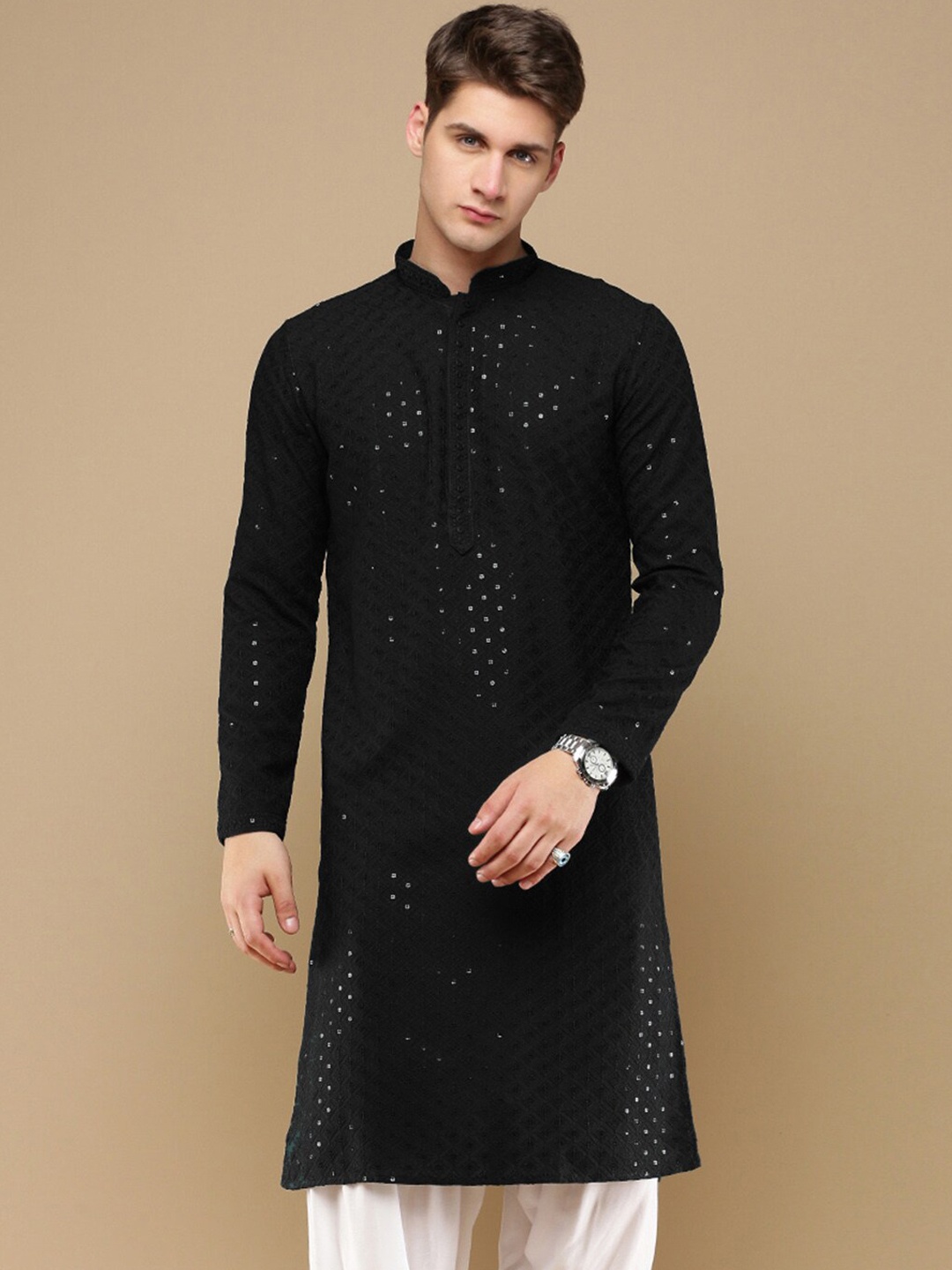

Sanwara Men Thread Work Summer Sheers Kurta, Black
