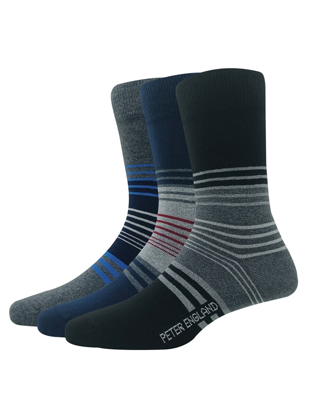 

Peter England Men Pack Of 3 Striped Calf Length Socks, Navy blue