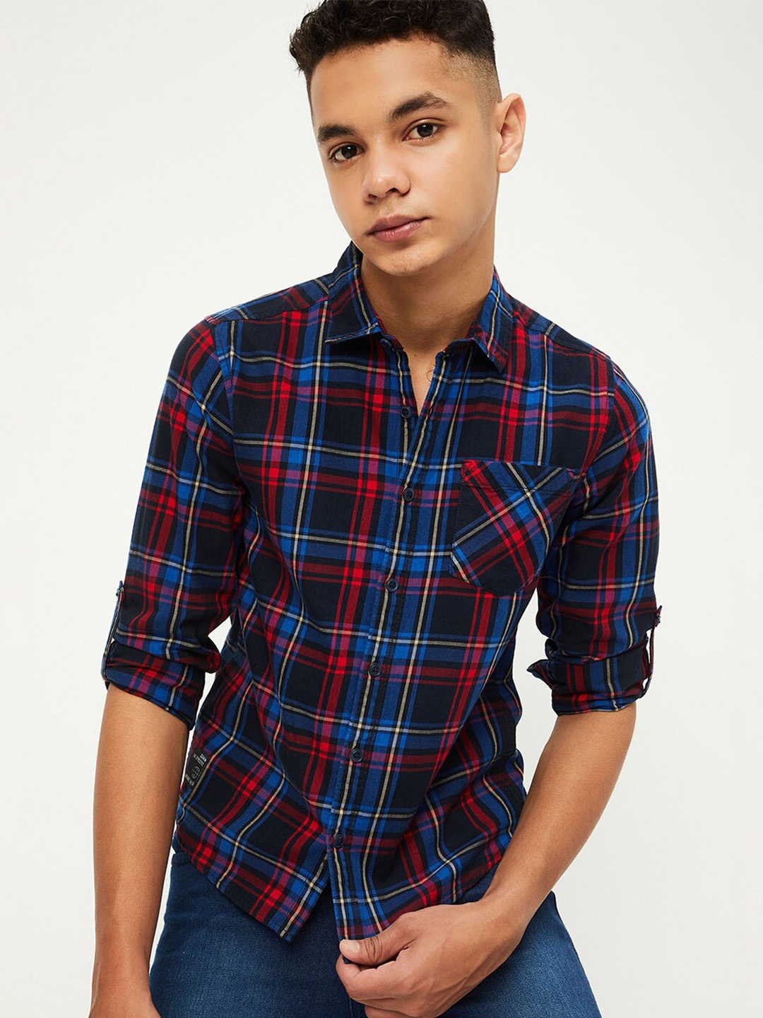 

max Boys Tartan Checks Opaque Checked Casual Shirt, Navy blue