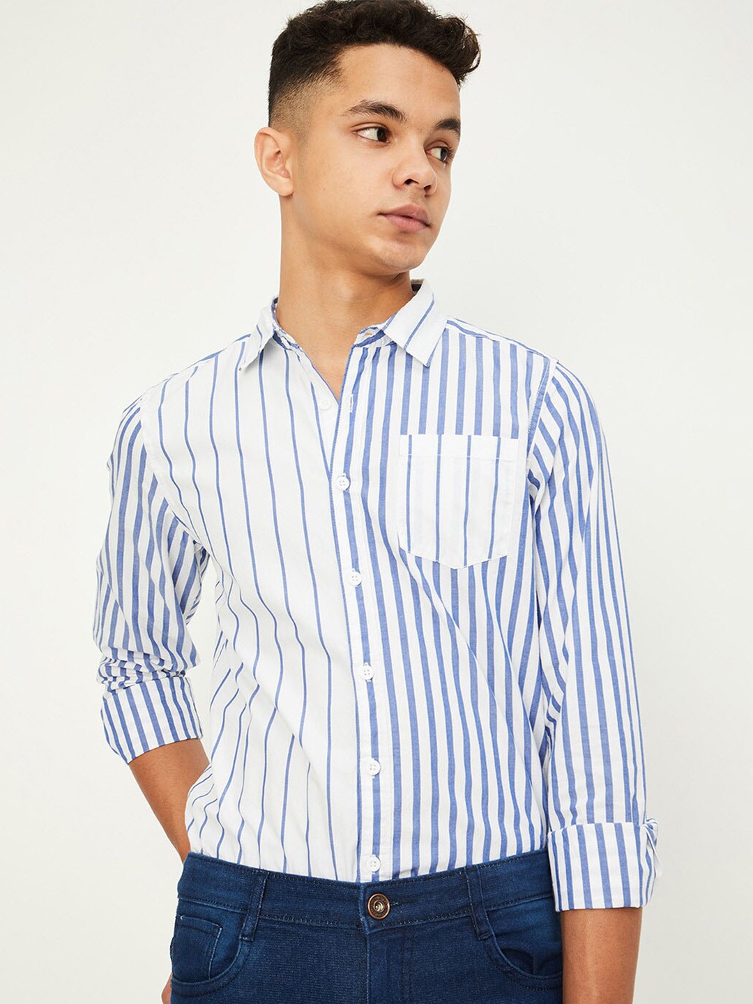 

max Boys Opaque Striped Casual Shirt, White