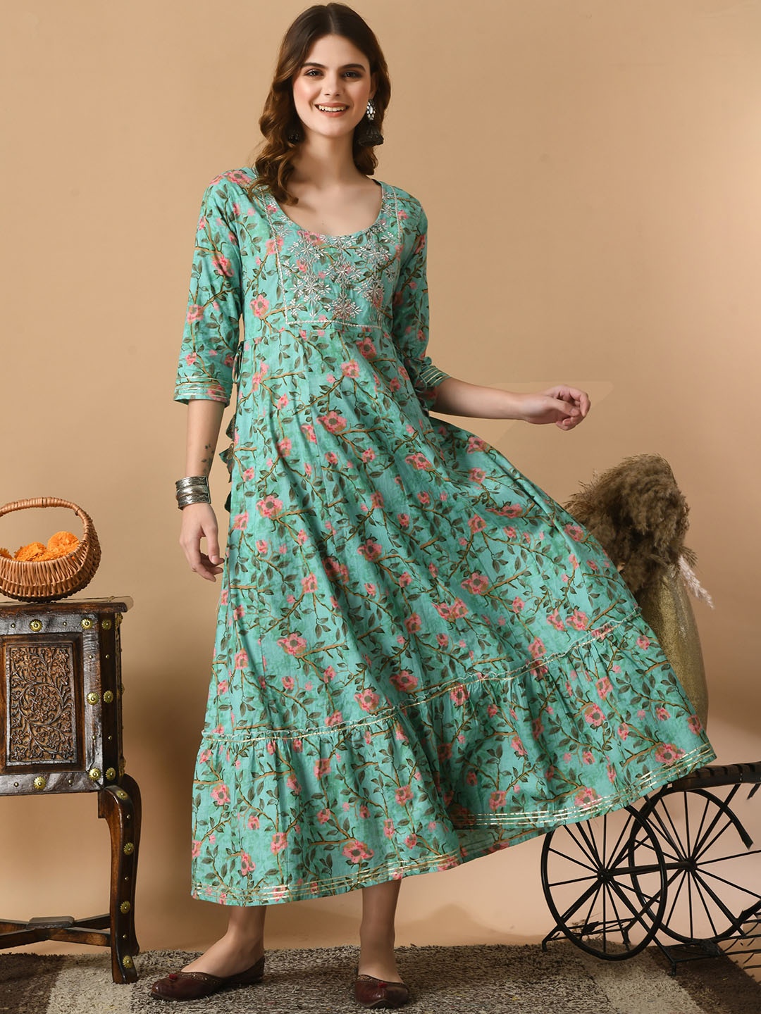 

KALINI Women Floral Printed Flared Sleeves Thread Work Floral Kurta, Turquoise blue