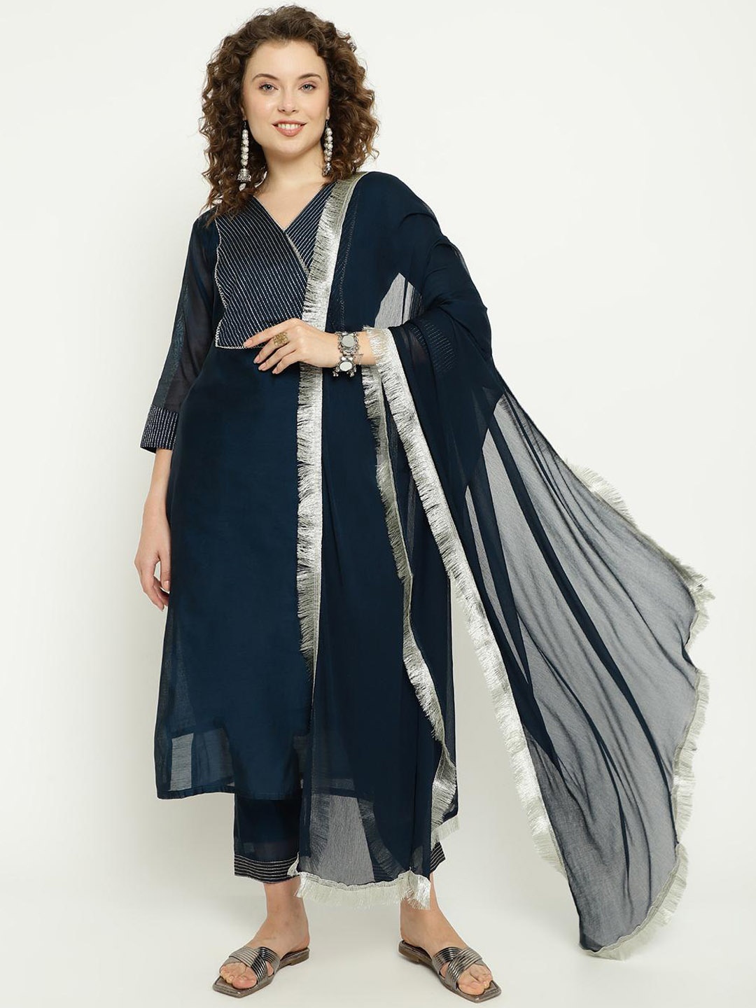 

KALINI Striped Yoke Design V-Neck Thread Work Chanderi Silk Kurta with Trousers & Dupatta, Teal