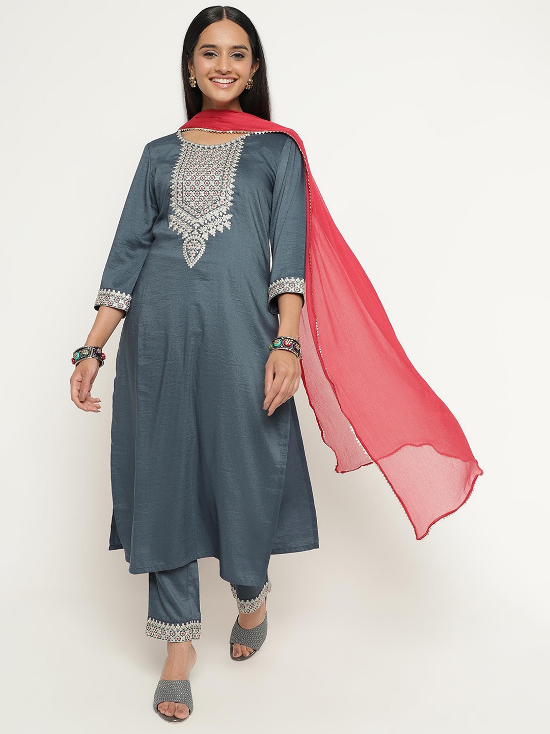 

KALINI Floral Embroidered Round Neck Kurta with Trousers & Dupatta, Grey