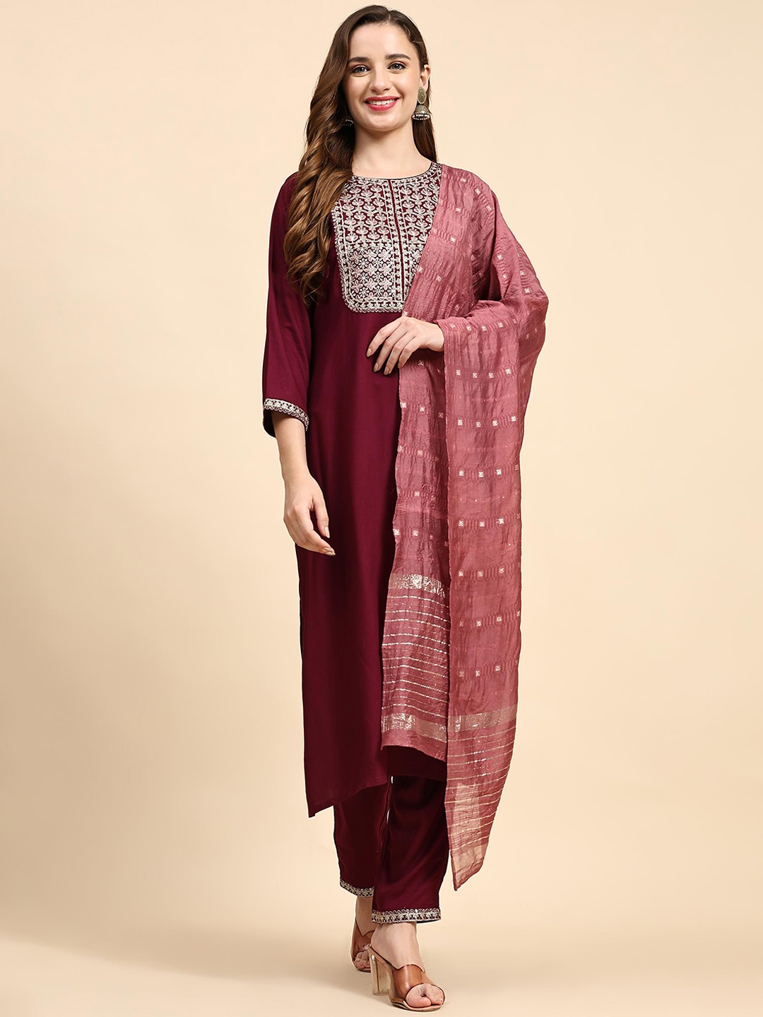 

KALINI Floral Yoke Design Regular Sequinned Kurta With Trousers & Dupatta, Purple