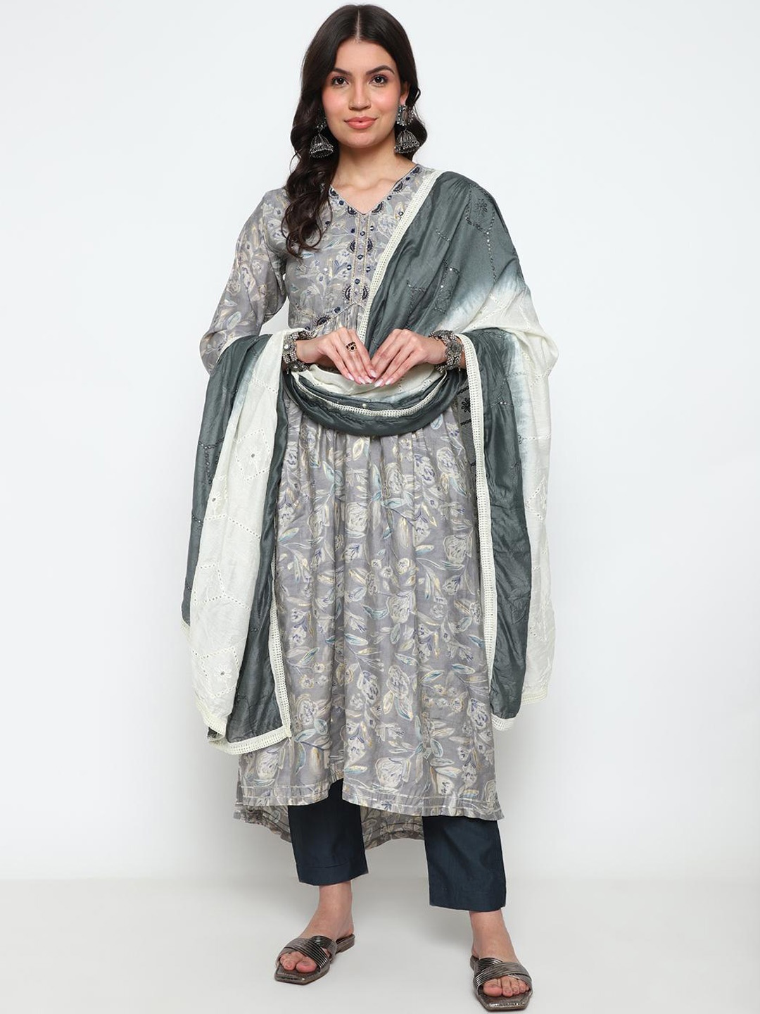 

KALINI Floral Printed V-Neck Empire Beads & Stone Kurta with Trousers & With Dupatta, Grey