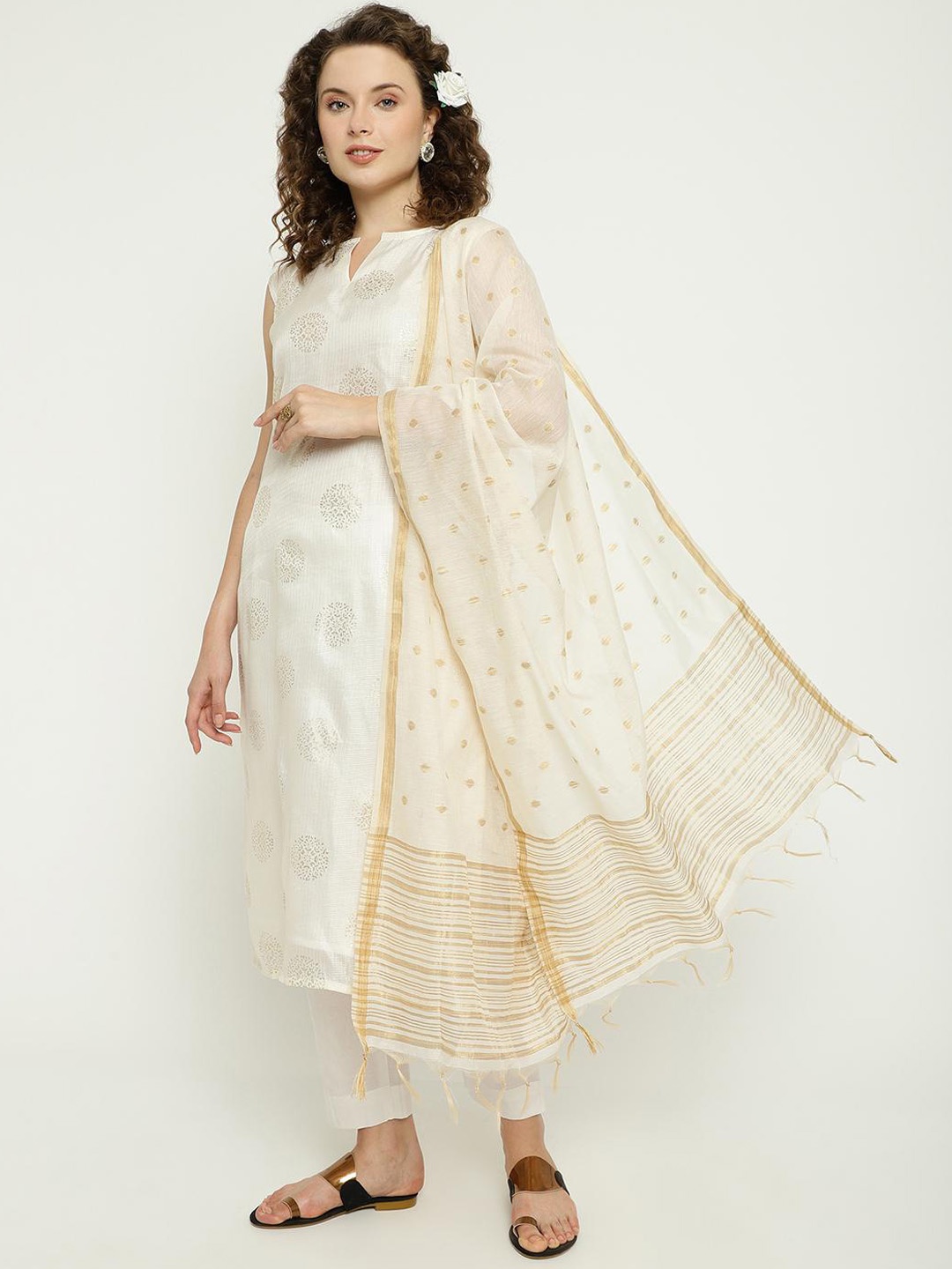 

KALINI Ethnic Motifs Woven Design Chanderi Silk Kurta with Trousers & With Dupatta, Cream