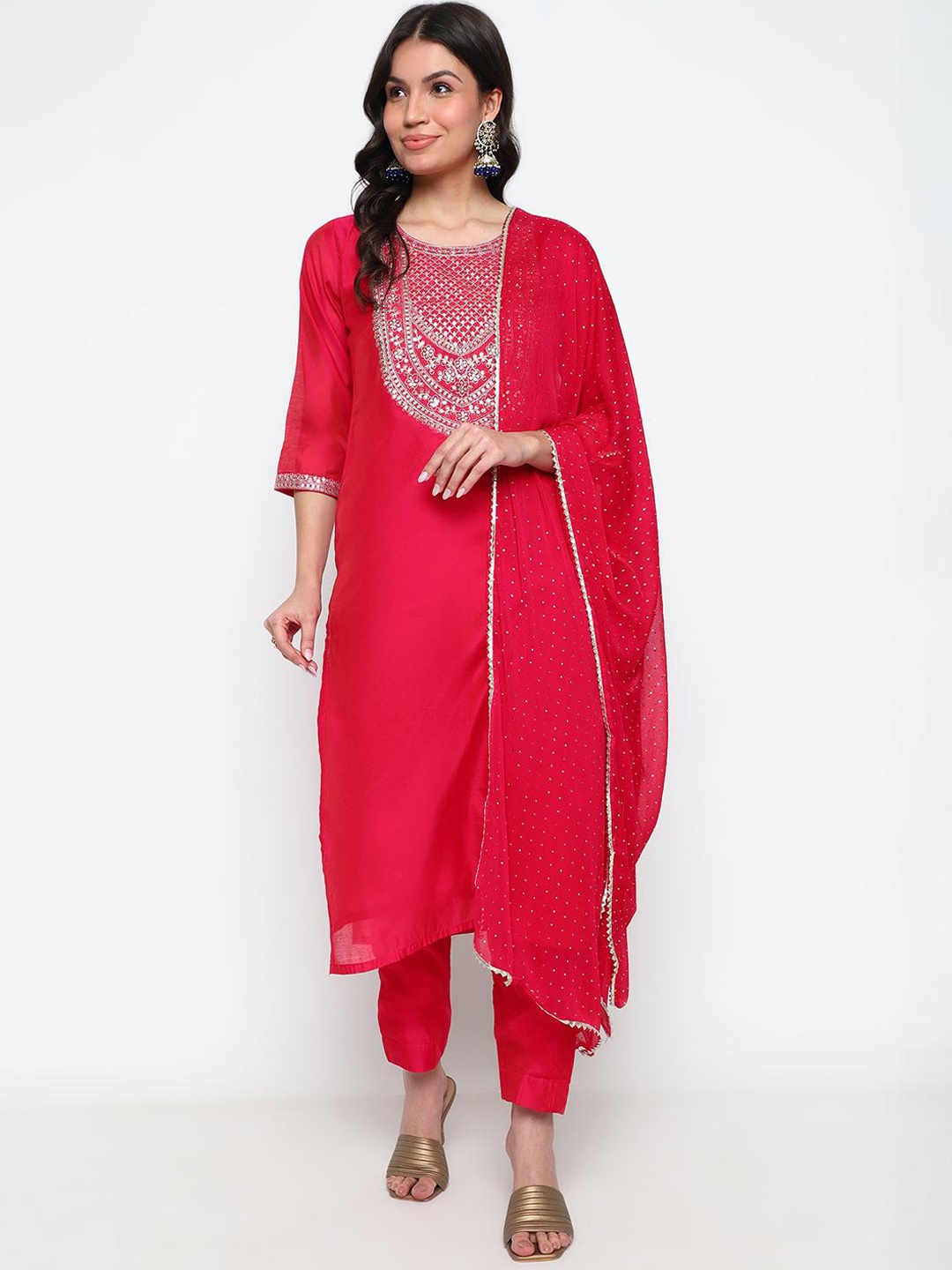 

KALINI Ethnic Motifs Embroidered Sequinned Regular Chanderi Cotton Kurta Set With Dupatta, Fuchsia