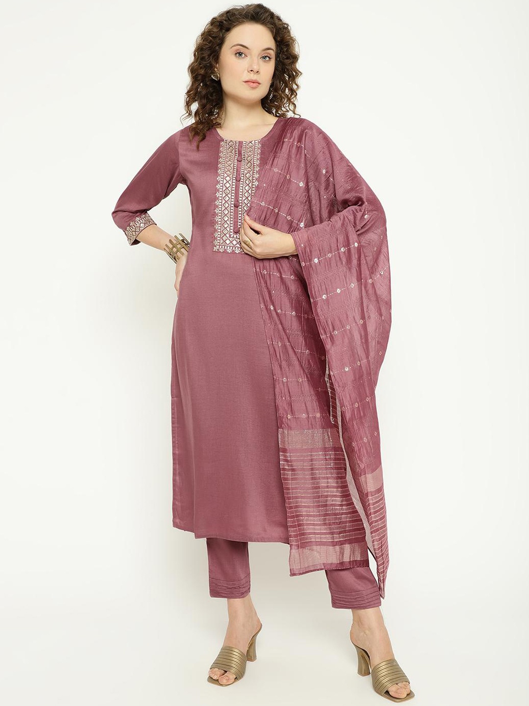 

KALINI Ethnic Motifs Yoke Designed Regular Sequinned Kurta with Trousers & Dupatta, Mauve