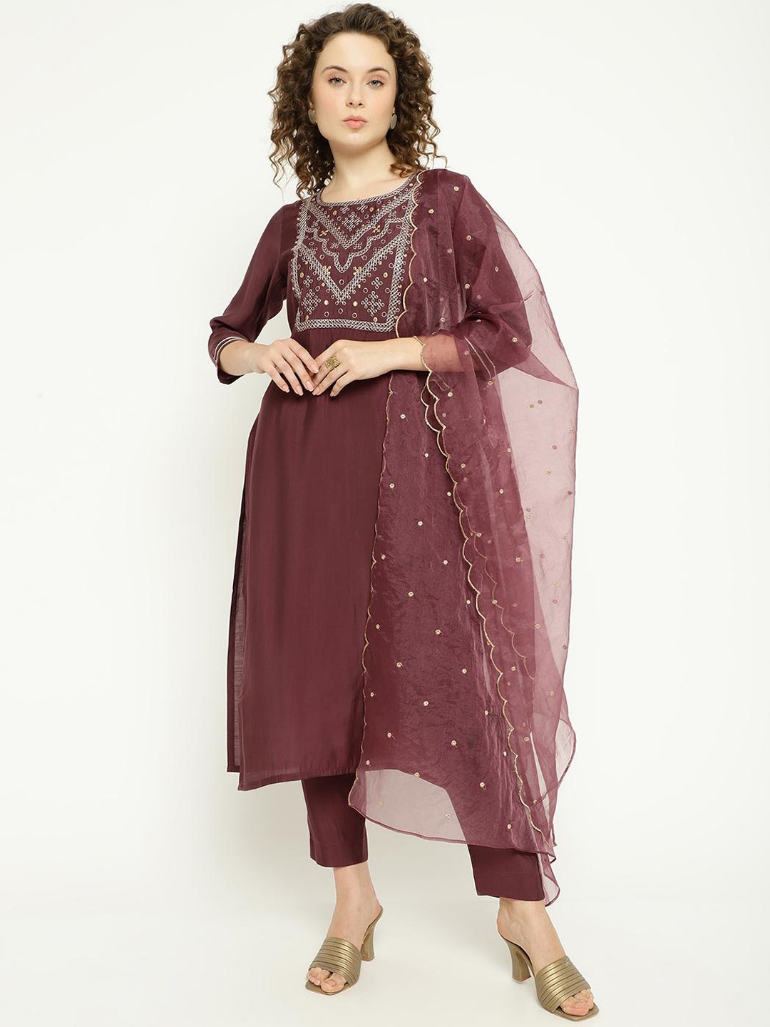 

KALINI Ethnic Motifs Yoke Design Thread Work Straight Kurta & Trousers With Dupatta, Mauve