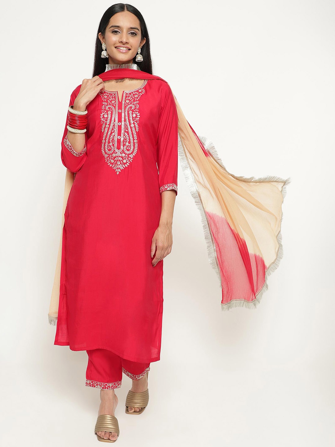 

KALINI Ethnic Motifs Yoke Design Thread Work Detail Straight Kurta & Trouser With Dupatta, Red