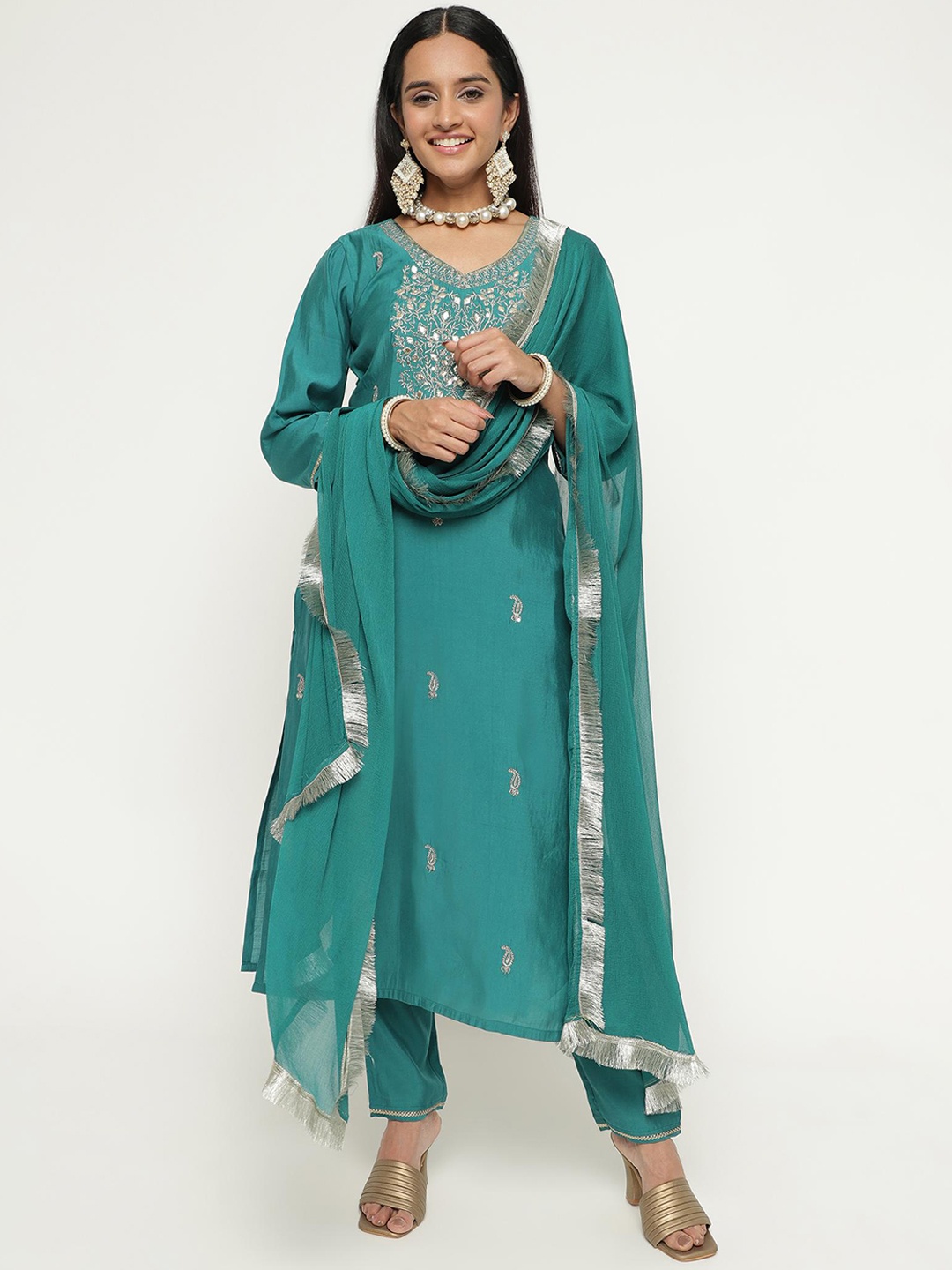 

KALINI Ethnic Motifs Embroidered V-Neck Sequinned Kurta with Trousers & Dupatta, Green