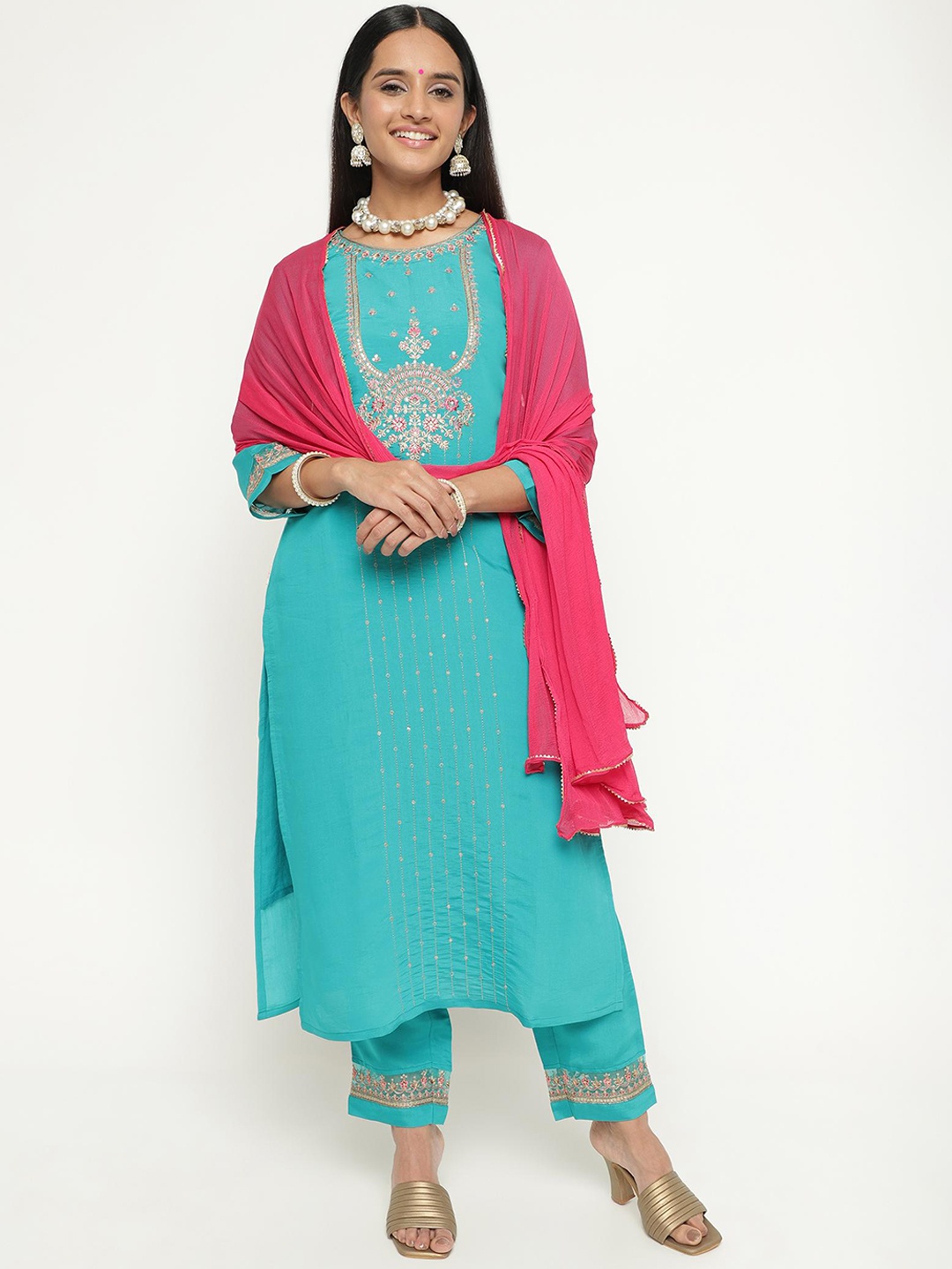 

KALINI Ethnic Motifs Embroidered Sequinned Kurta with Trousers & Dupatta, Turquoise blue