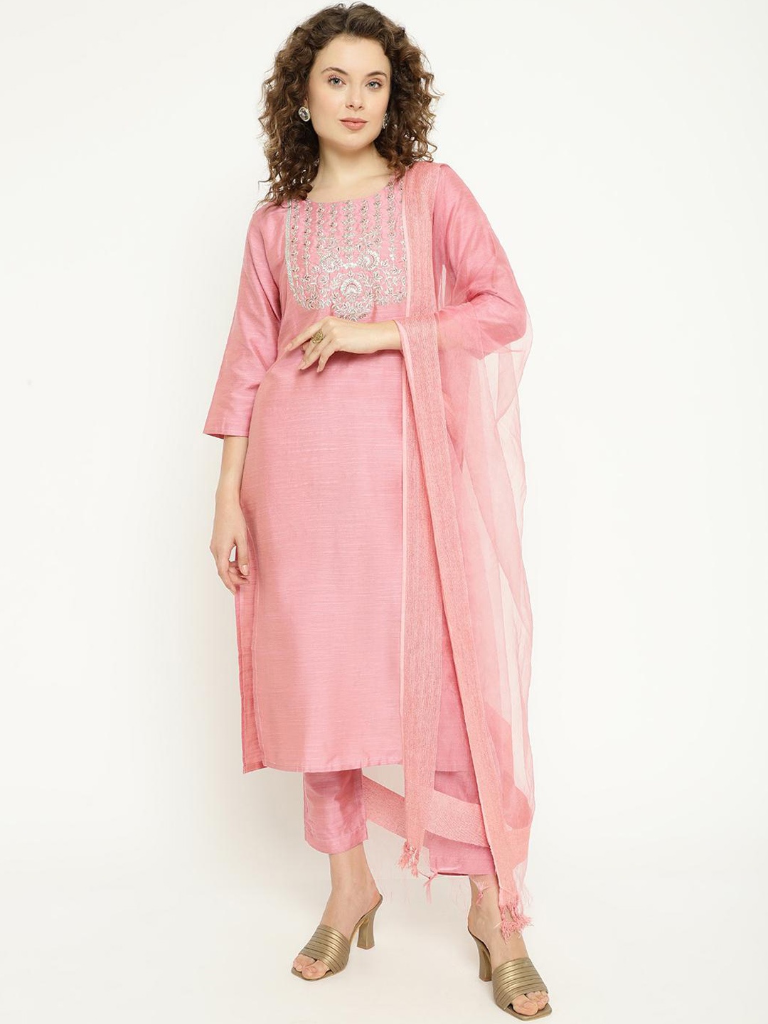 

KALINI Ethnic Motifs Embroidered Round Neck Three-Quarter Sleeves Kurta Set, Pink
