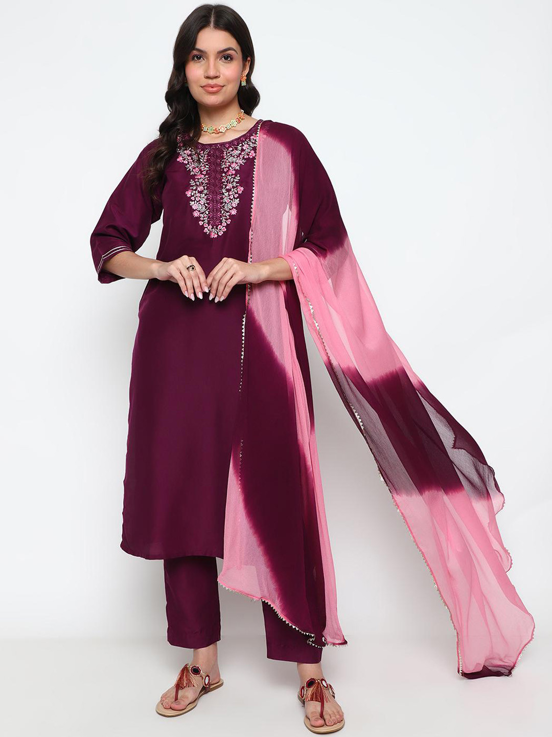 

KALINI Floral Embroidered Round Neck Three-Quarter Sleeves Thread Work Kurta Set, Purple