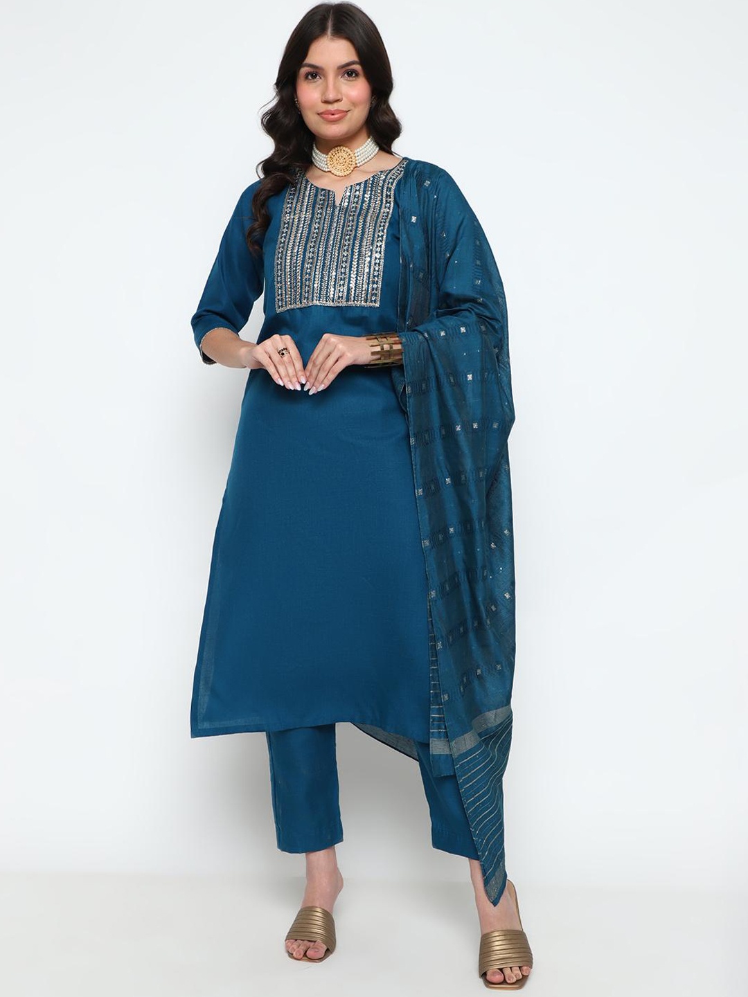 

KALINI Ethnic Motifs Yoke Design Thread Work Sequined Kurta with Trousers & Dupatta, Teal