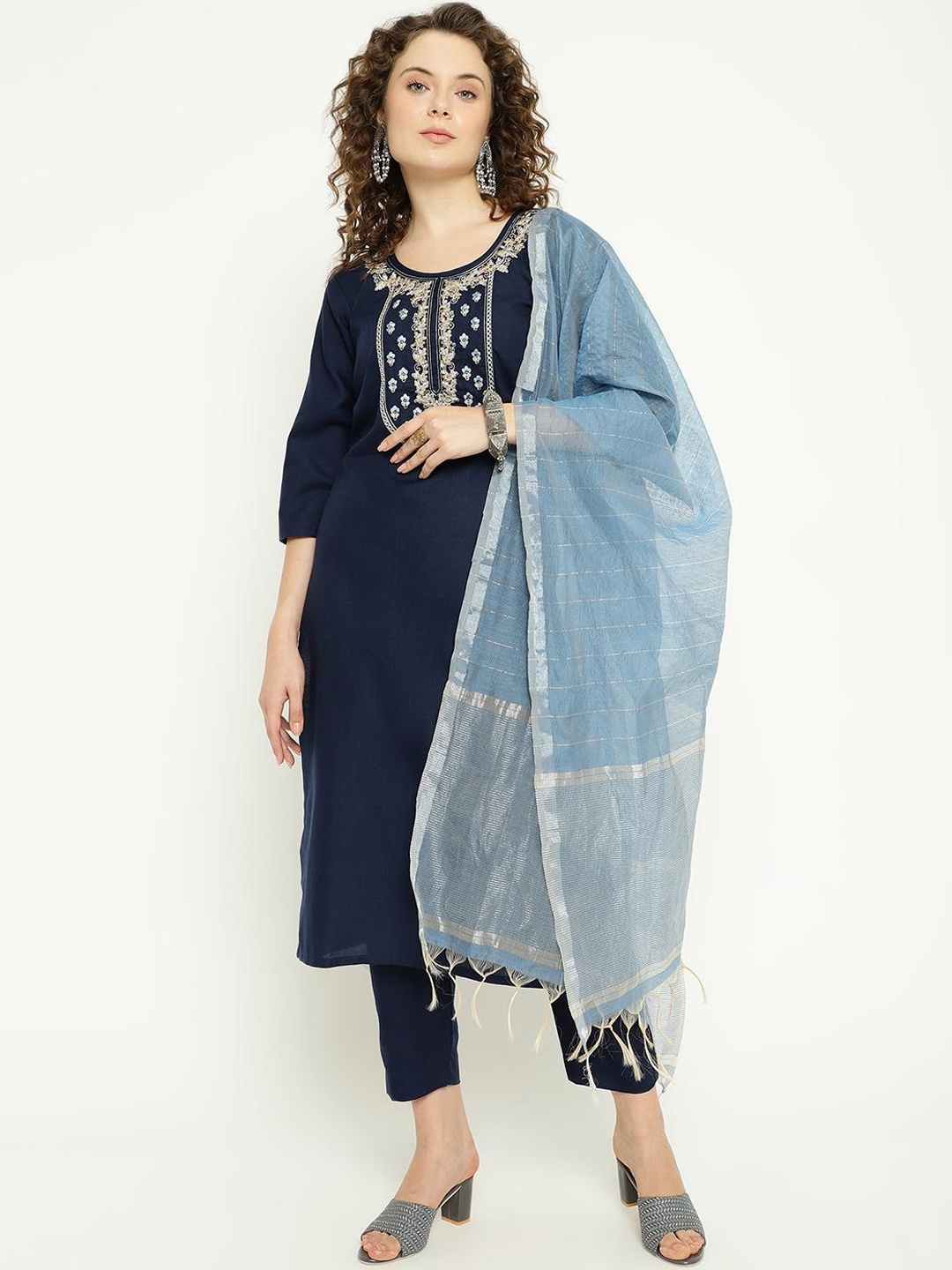 

KALINI Floral Yoke Design Thread Work Kurta with Trousers & Dupatta, Navy blue