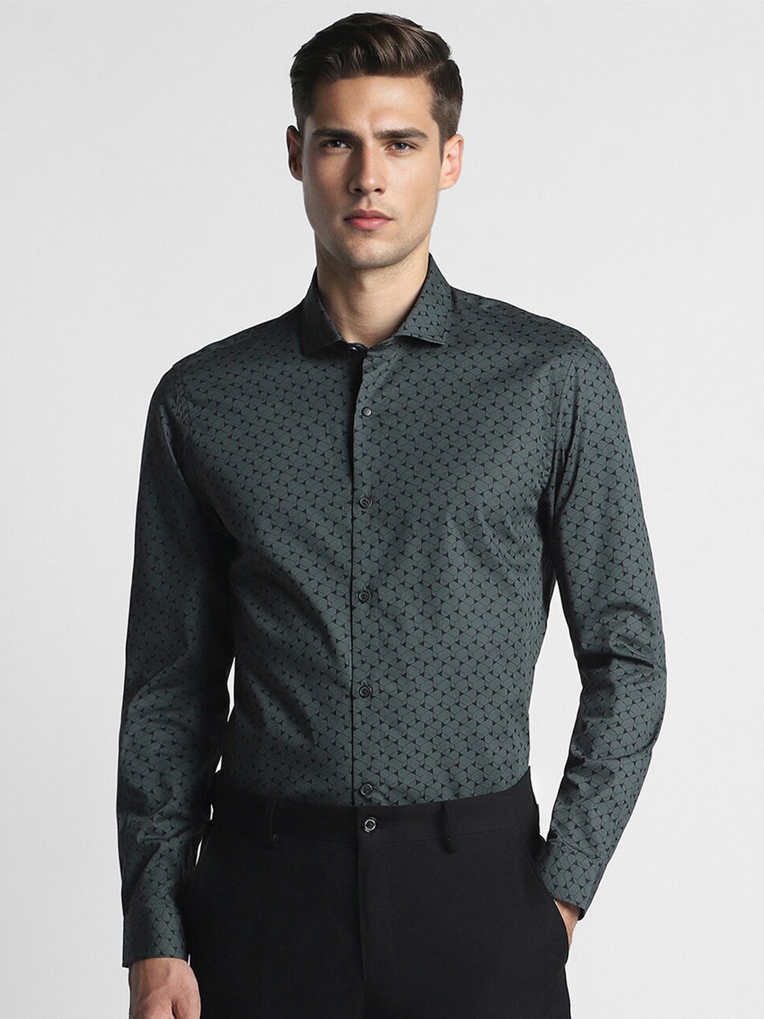 

Peter England Men Slim Fit Opaque Printed Formal Shirt, Green