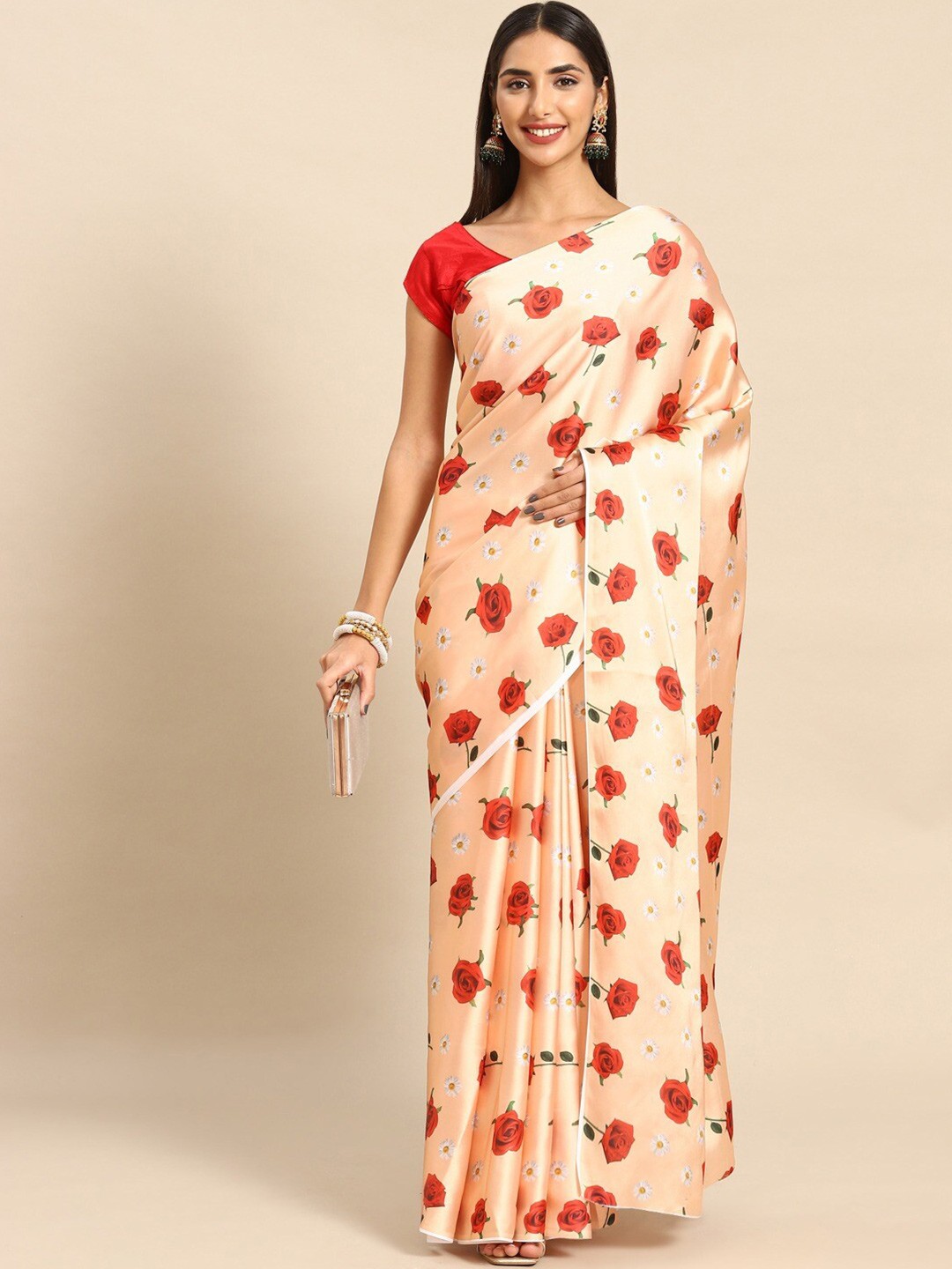 

VEECHIS Floral Printed Satin Saree, Peach