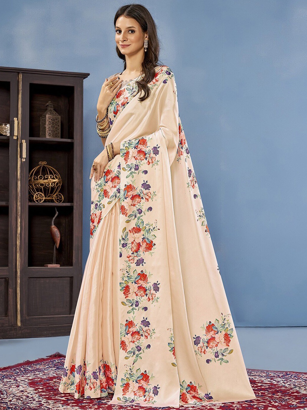

VEECHIS Floral Printed Satin Saree, Beige