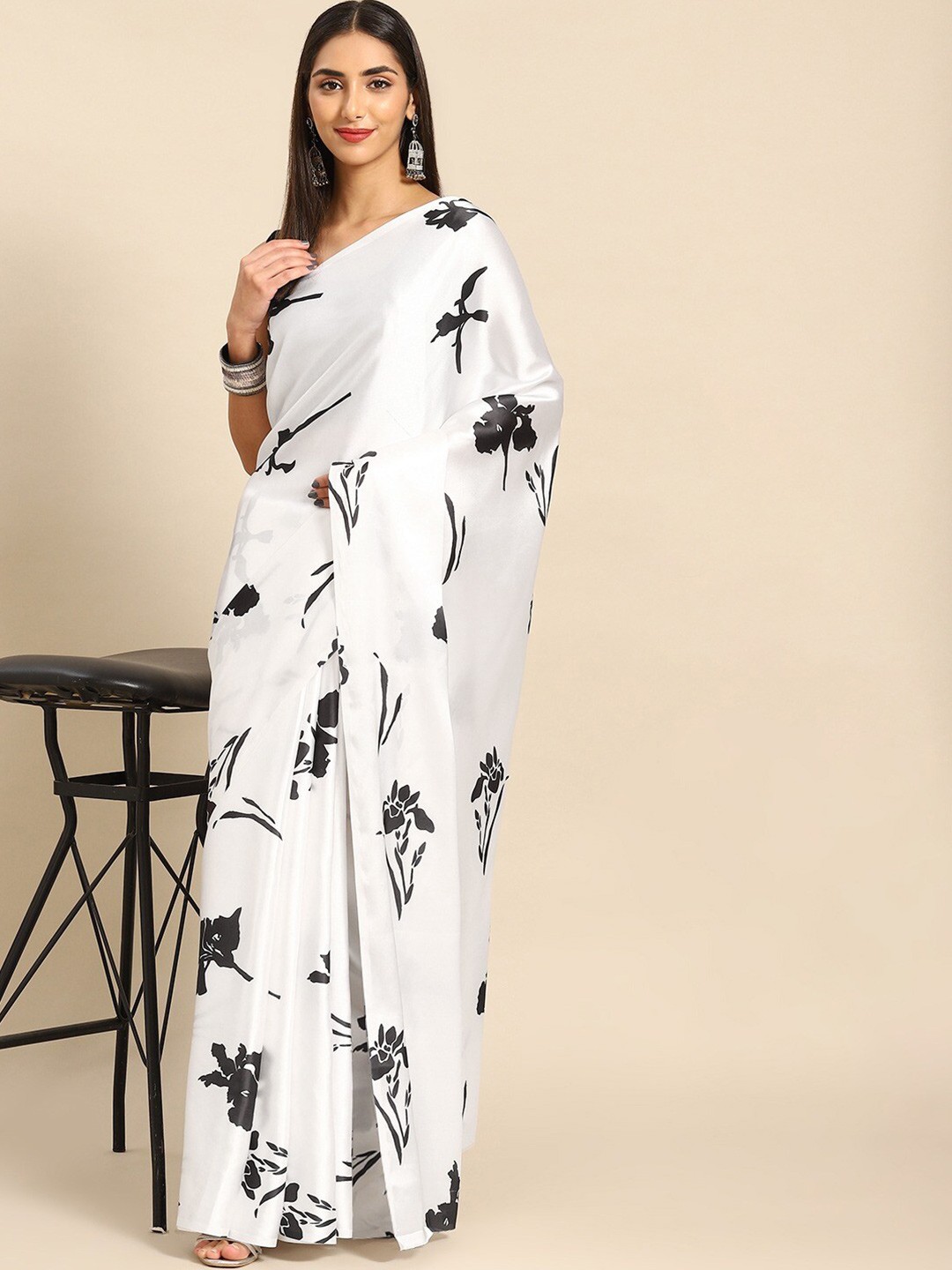 

VEECHIS Floral Printed Satin Saree, White
