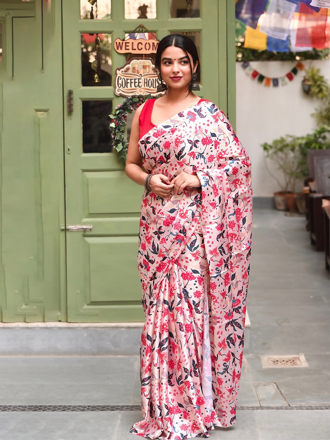 

VEECHIS Floral Printed Satin Saree, Pink