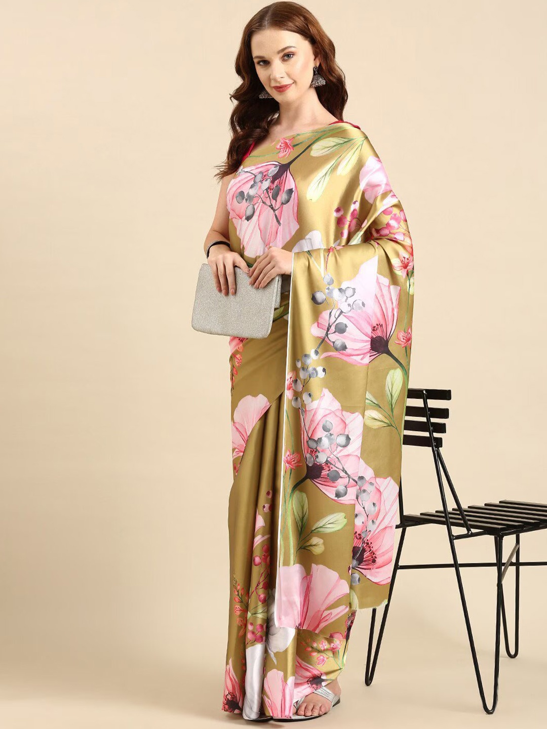 

VEECHIS Floral Printed Satin Saree, Olive
