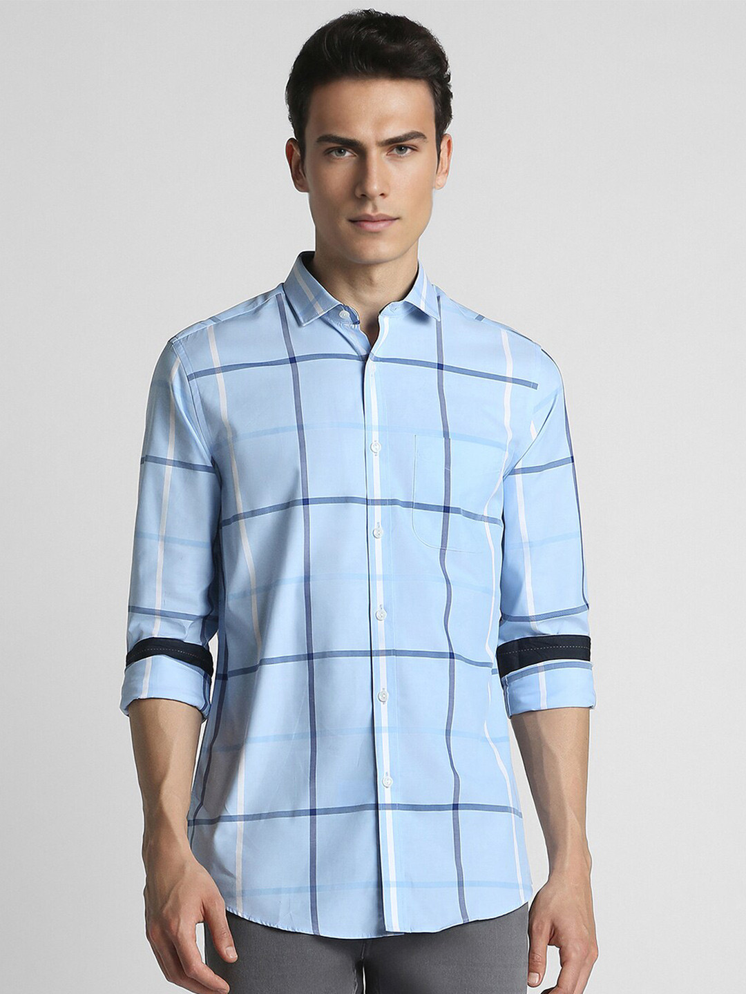 

Peter England Elite Slim Fit Windowpane Checks Spread Collar Long Sleeves Formal Shirt, Blue