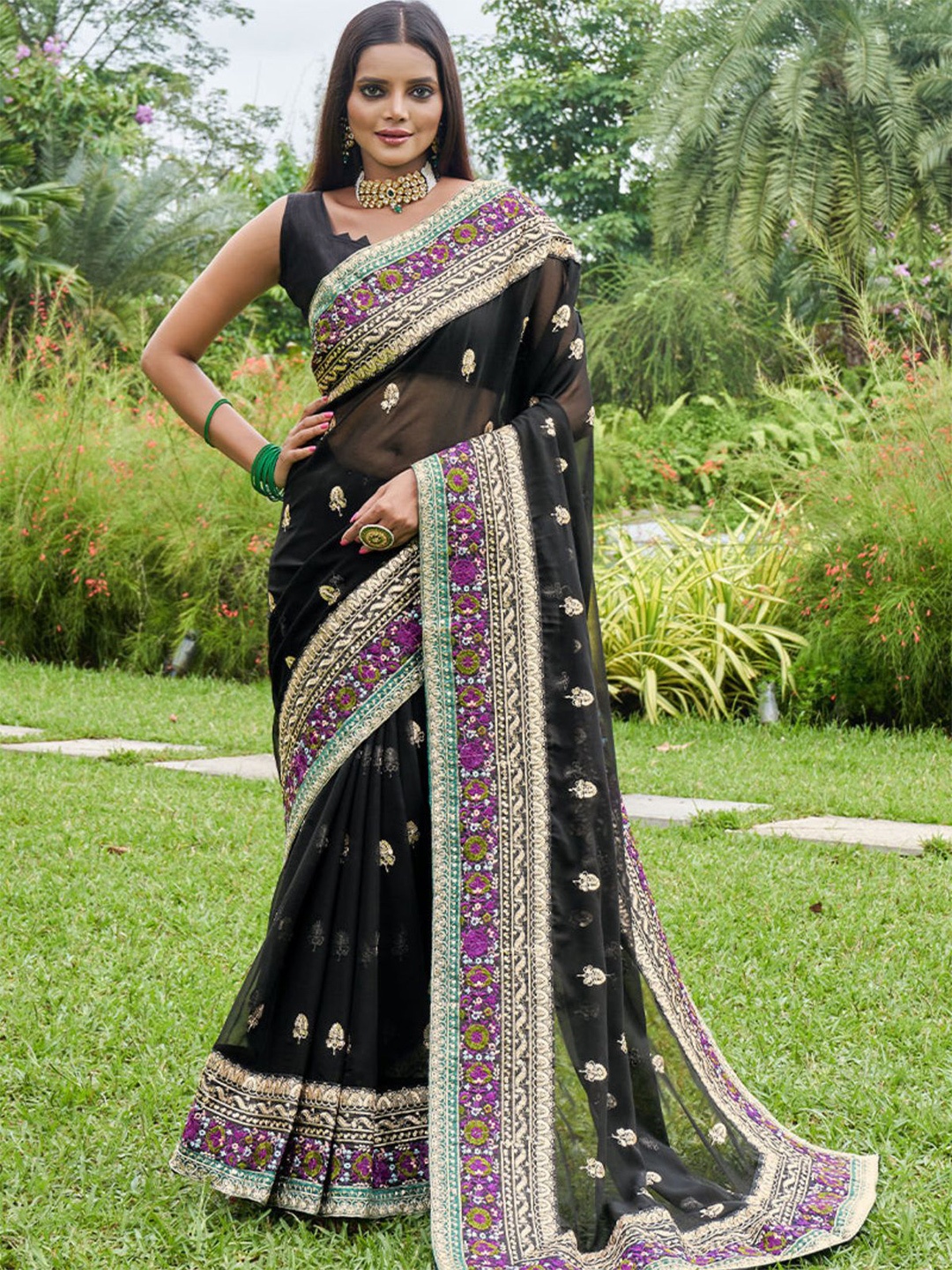 

ODETTE Floral Embroidered Saree, Black