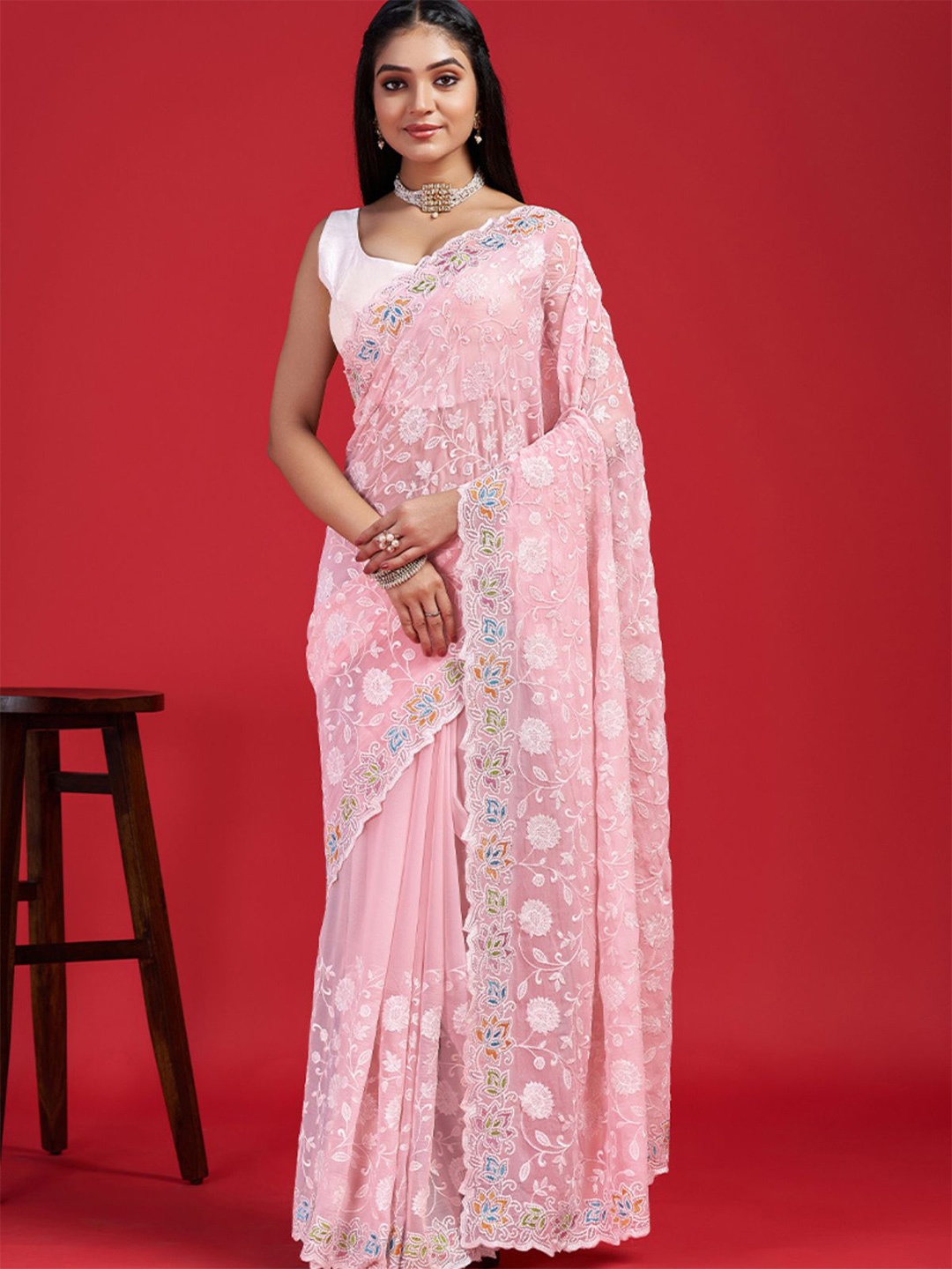 

ODETTE Floral Embroidered Saree, Pink