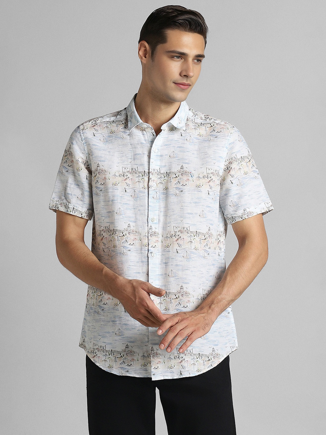 

SIMON CARTER LONDON Slim Fit Faded Abstract Printed Spread Collar Casual Shirt, White