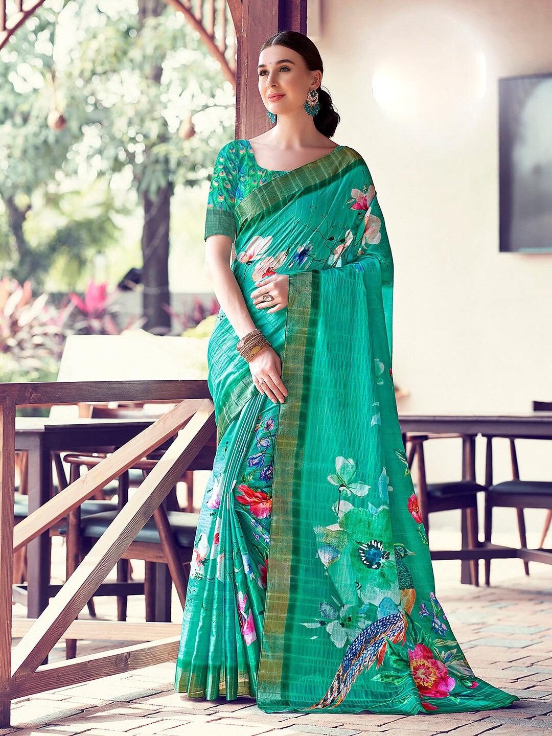 

SANSKAR Floral Printed Zari Cotton Silk Saree, Sea green