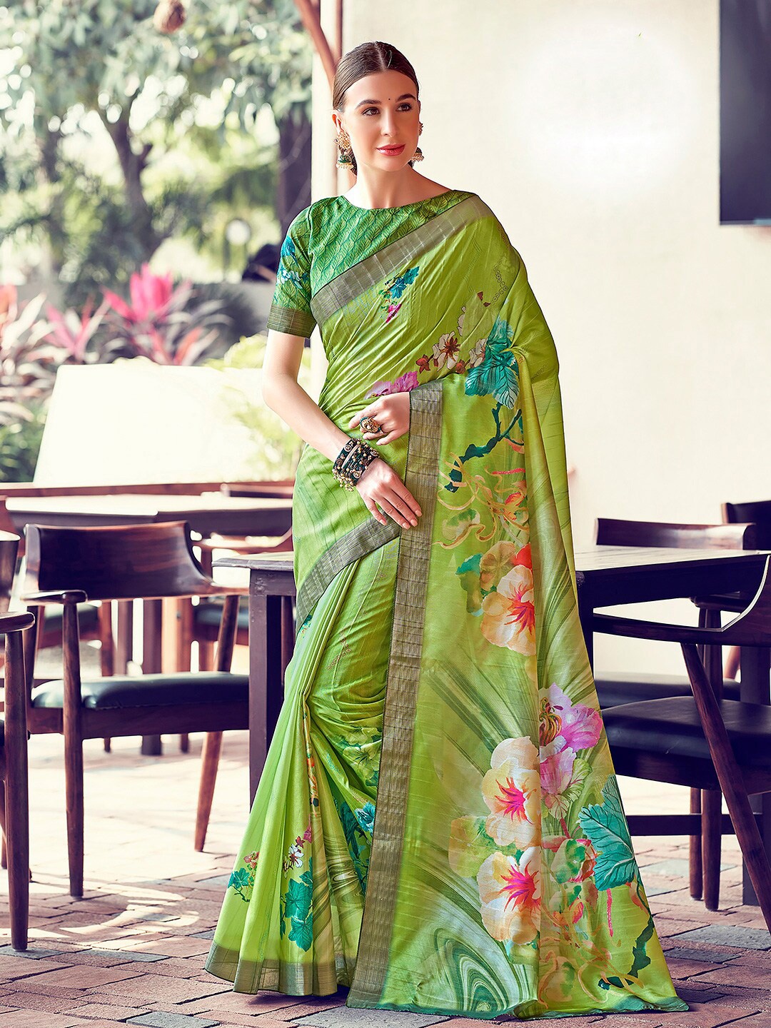 

SANSKAR Floral Printed Zari Cotton Silk Saree, Green
