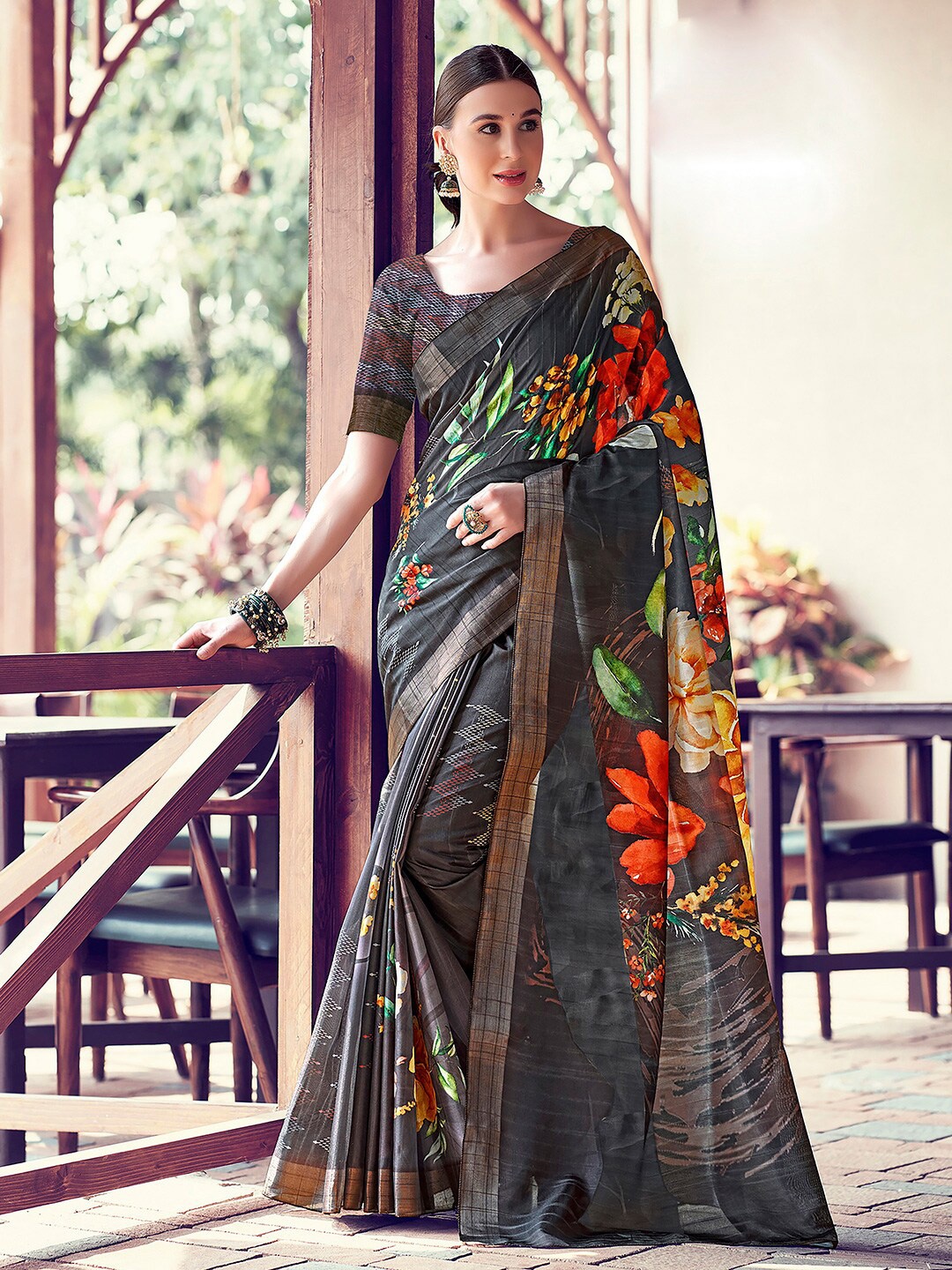 

SANSKAR Floral Printed Cotton Silk Zari Saree, Brown