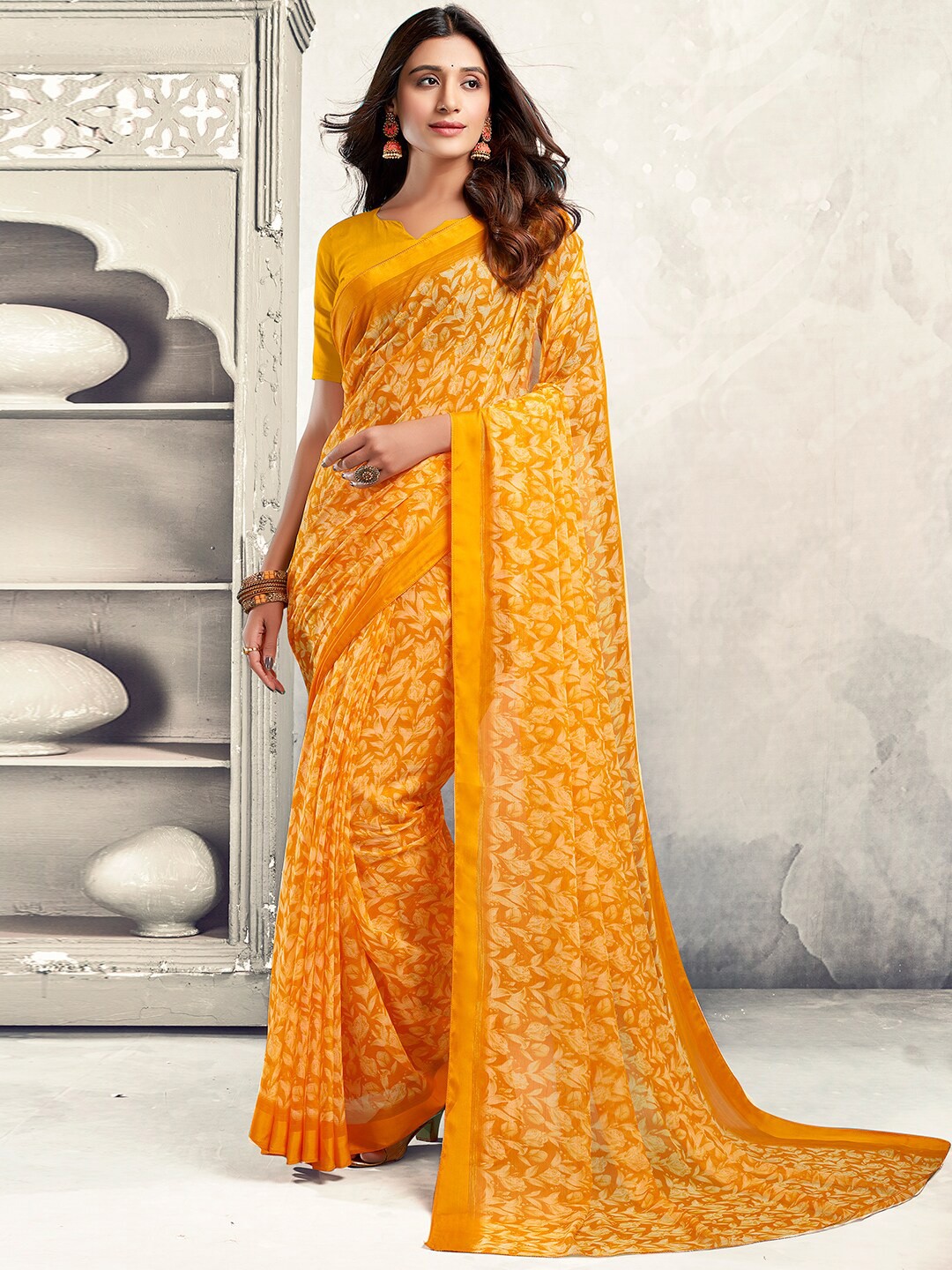 

SANSKAR Floral Printed Chiffon Saree, Yellow