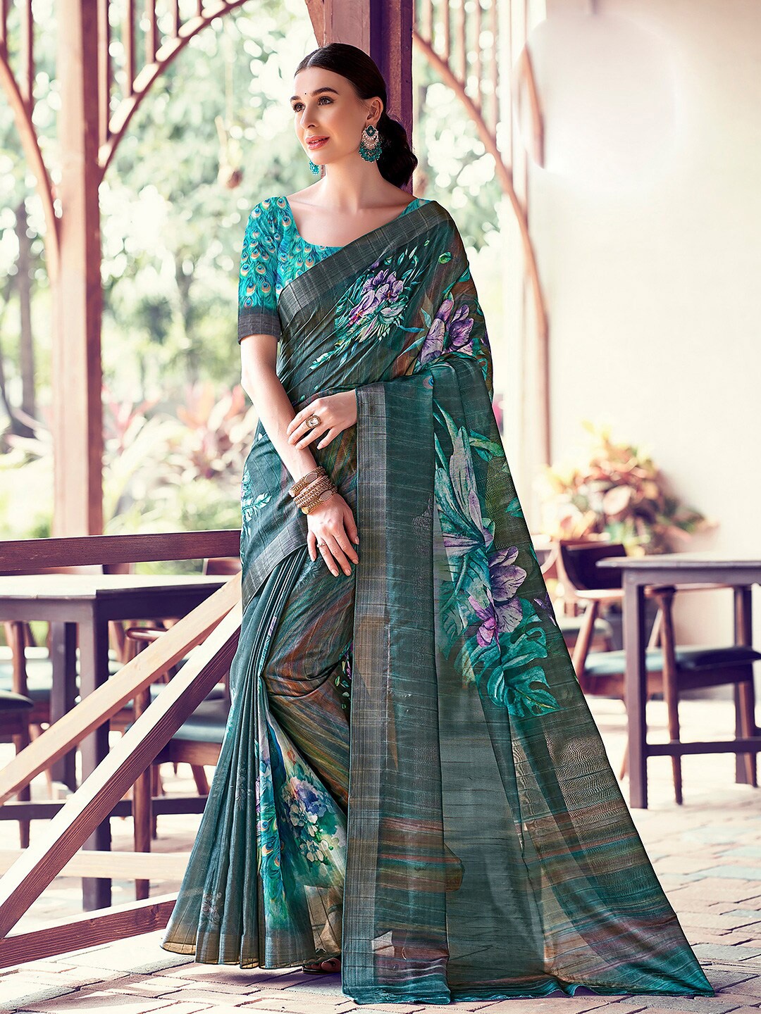 

SANSKAR Floral Print Cotton Silk Saree, Teal