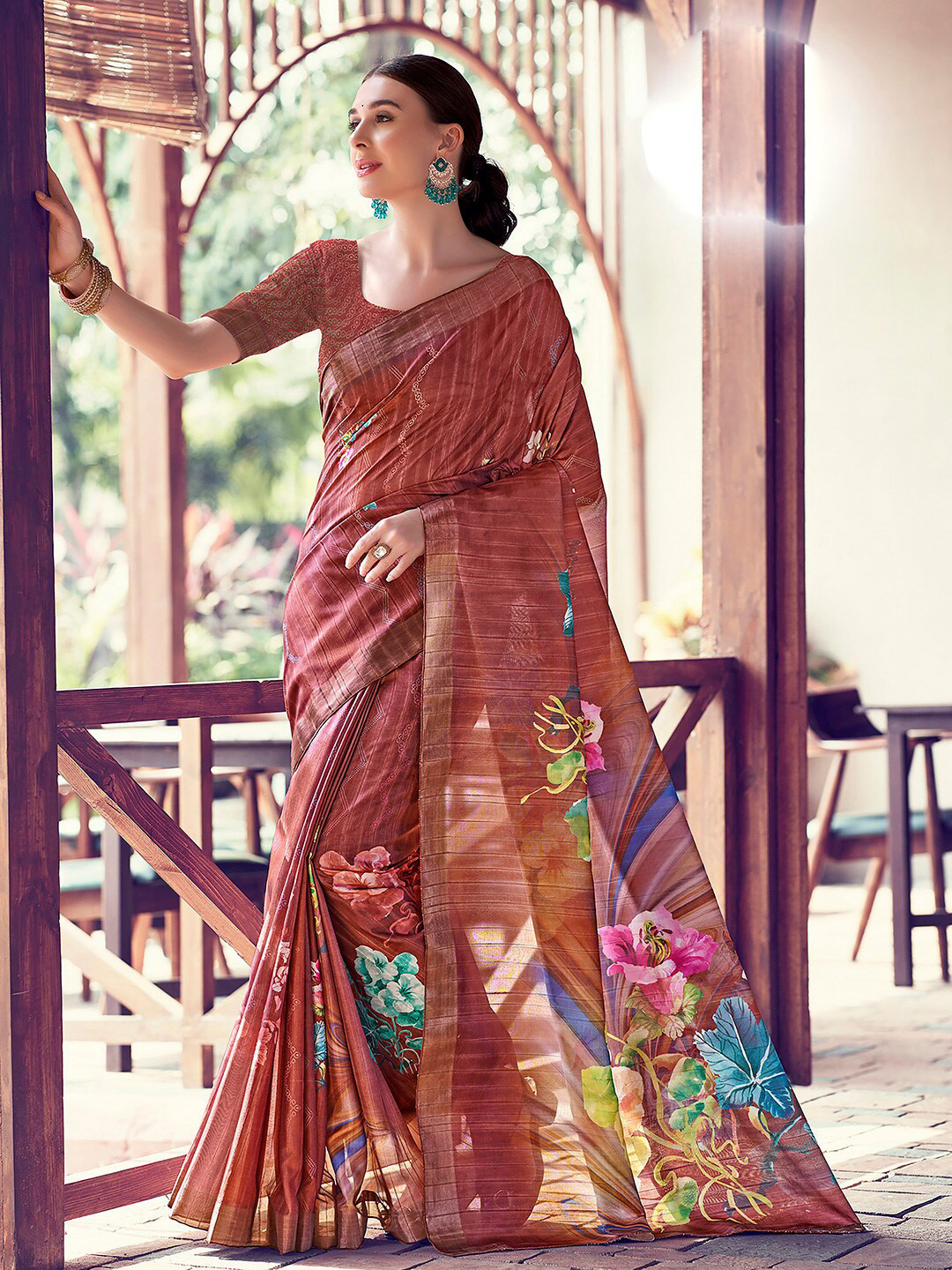 

SANSKAR Floral Print Cotton Silk Zari Saree, Brown