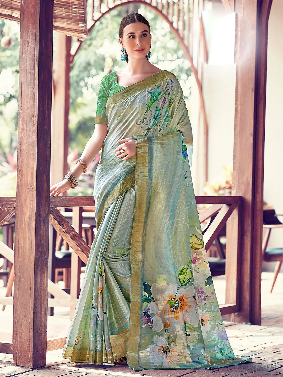 

SANSKAR Floral Print Cotton Silk Zari Saree, Green