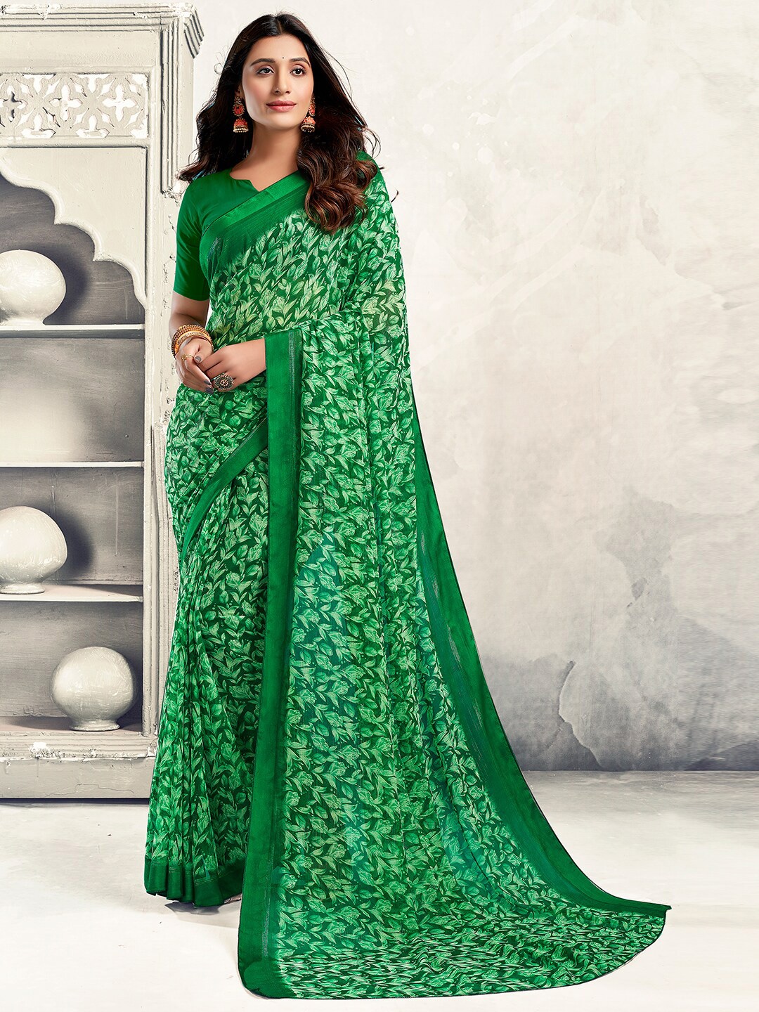 

SANSKAR Floral Printed Chiffon Saree, Green
