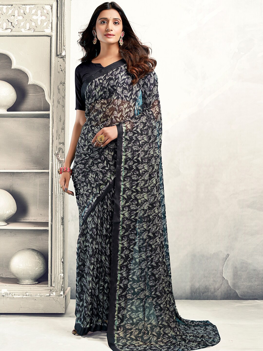 

SANSKAR Ethnic Motifs Floral Printed Saree, Blue